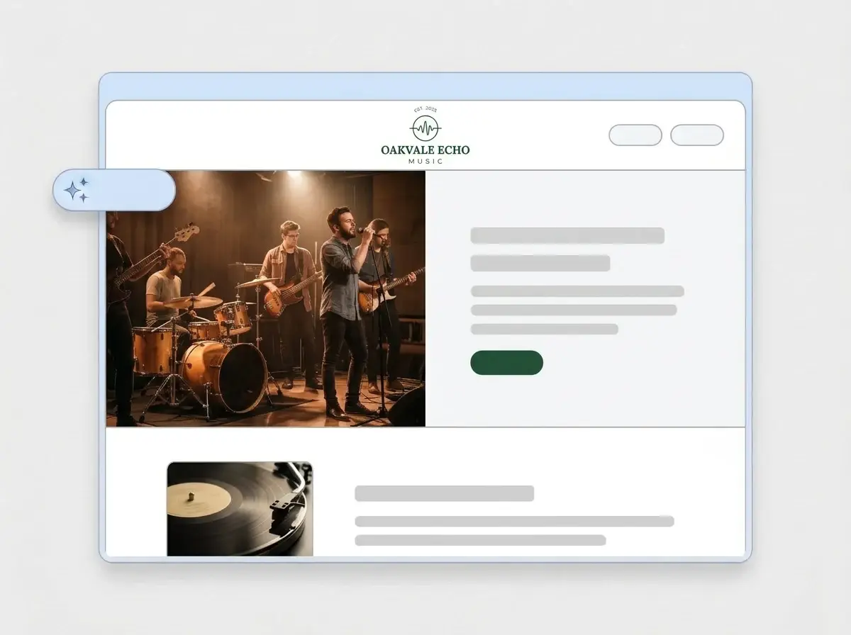 Finished Oakvale Echo website built by LOGO.com from the uploaded logo, with a band playing on a warmly lit stage in the hero and a vinyl record thumbnail