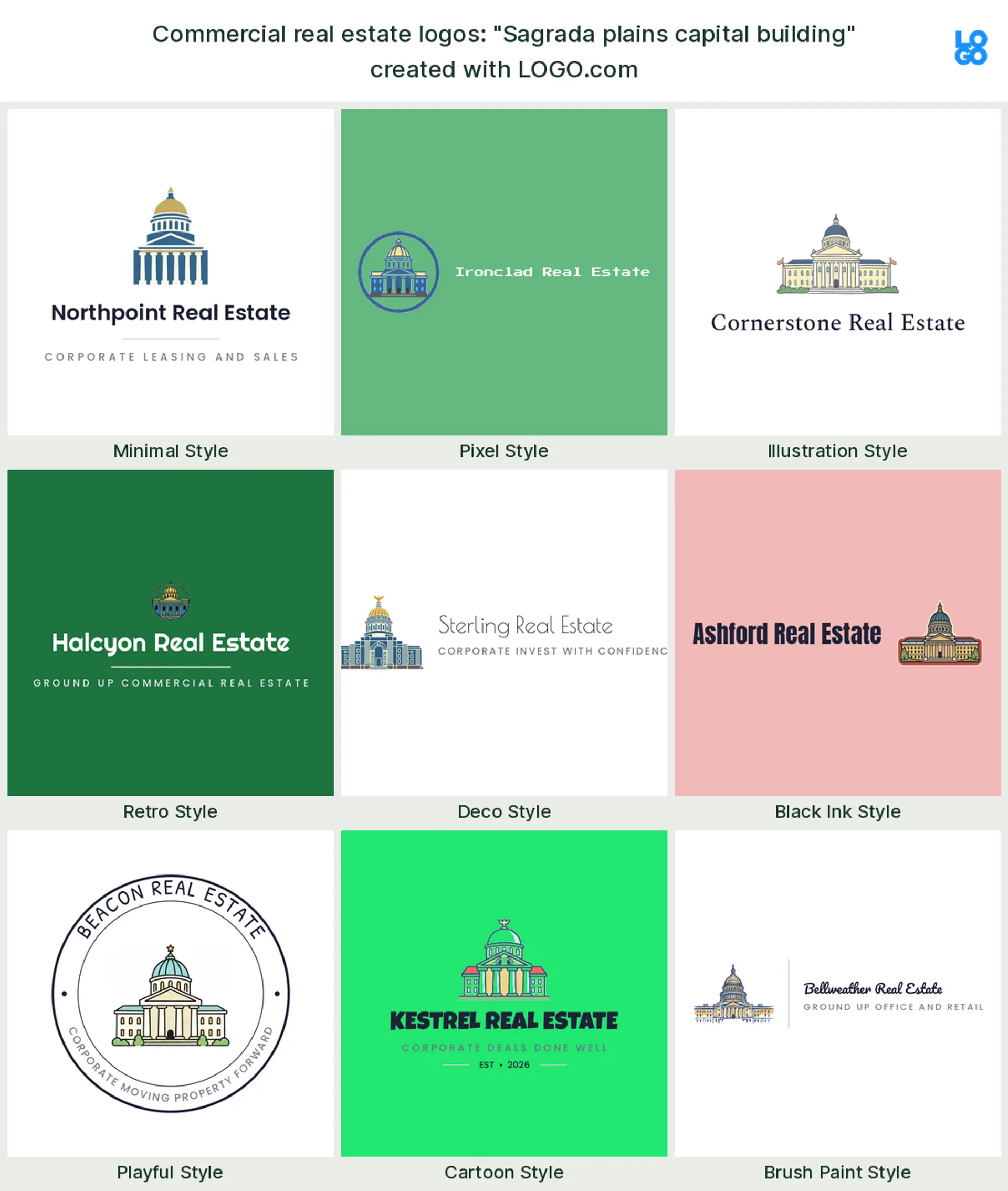 The "Sagrada plains capital building" commercial real estate logo idea, shown across nine styles on LOGO.com