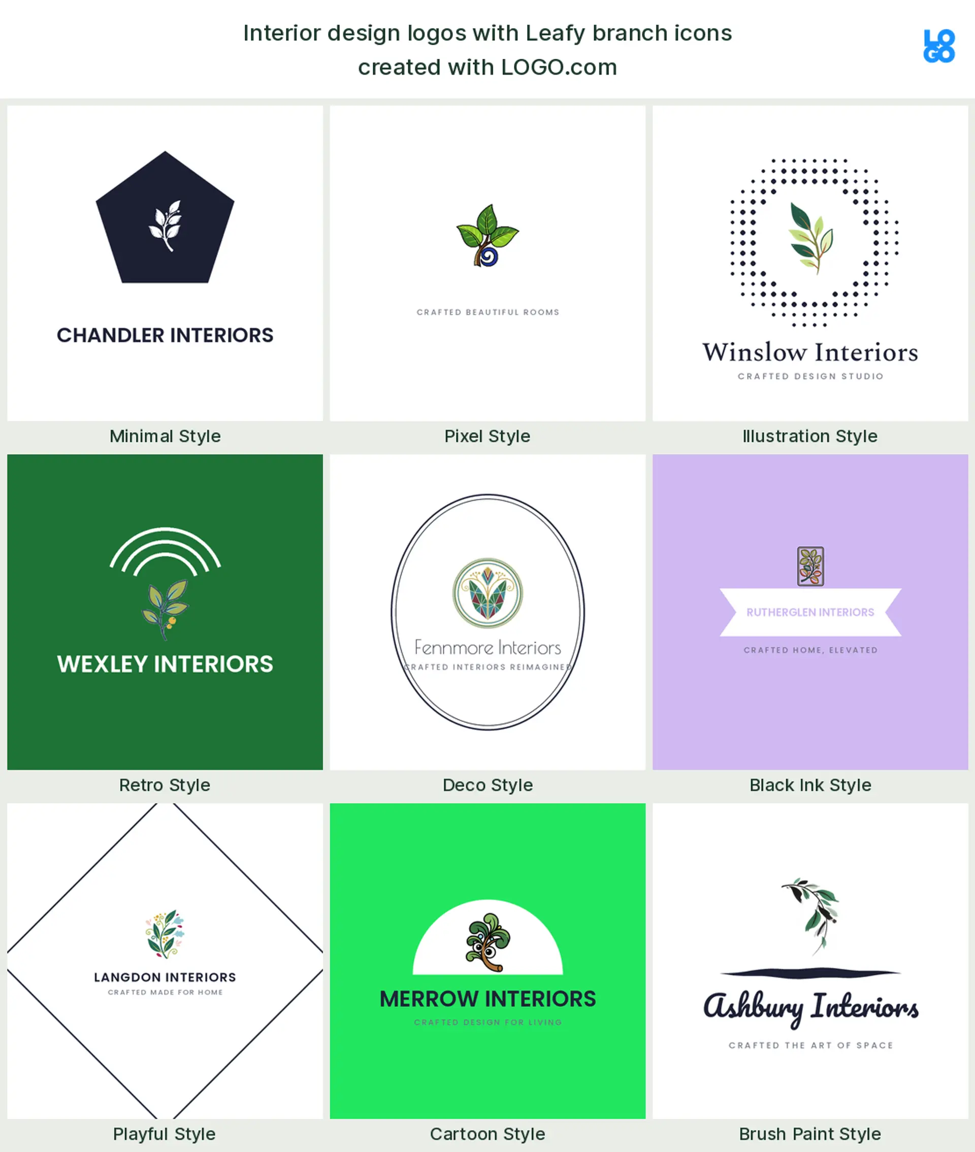 Leafy branch, a popular interior design logo symbol, shown across nine styles on LOGO.com