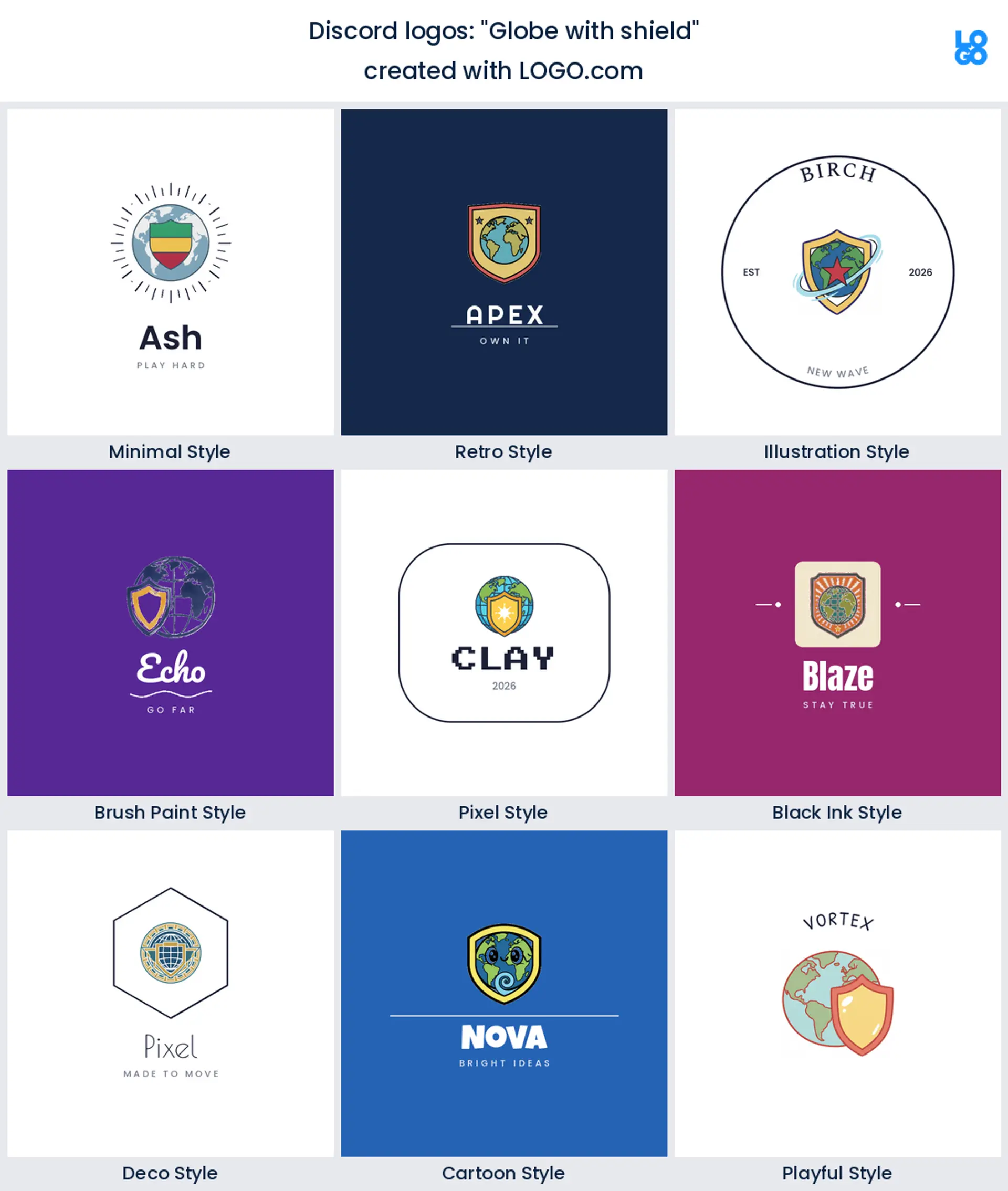 Globe with shield, Discord server logo shown in nine LOGO.com styles