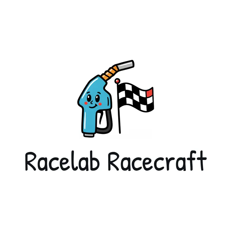 A playful fuel nozzle and racing flag logo on white for a pit crew brand.