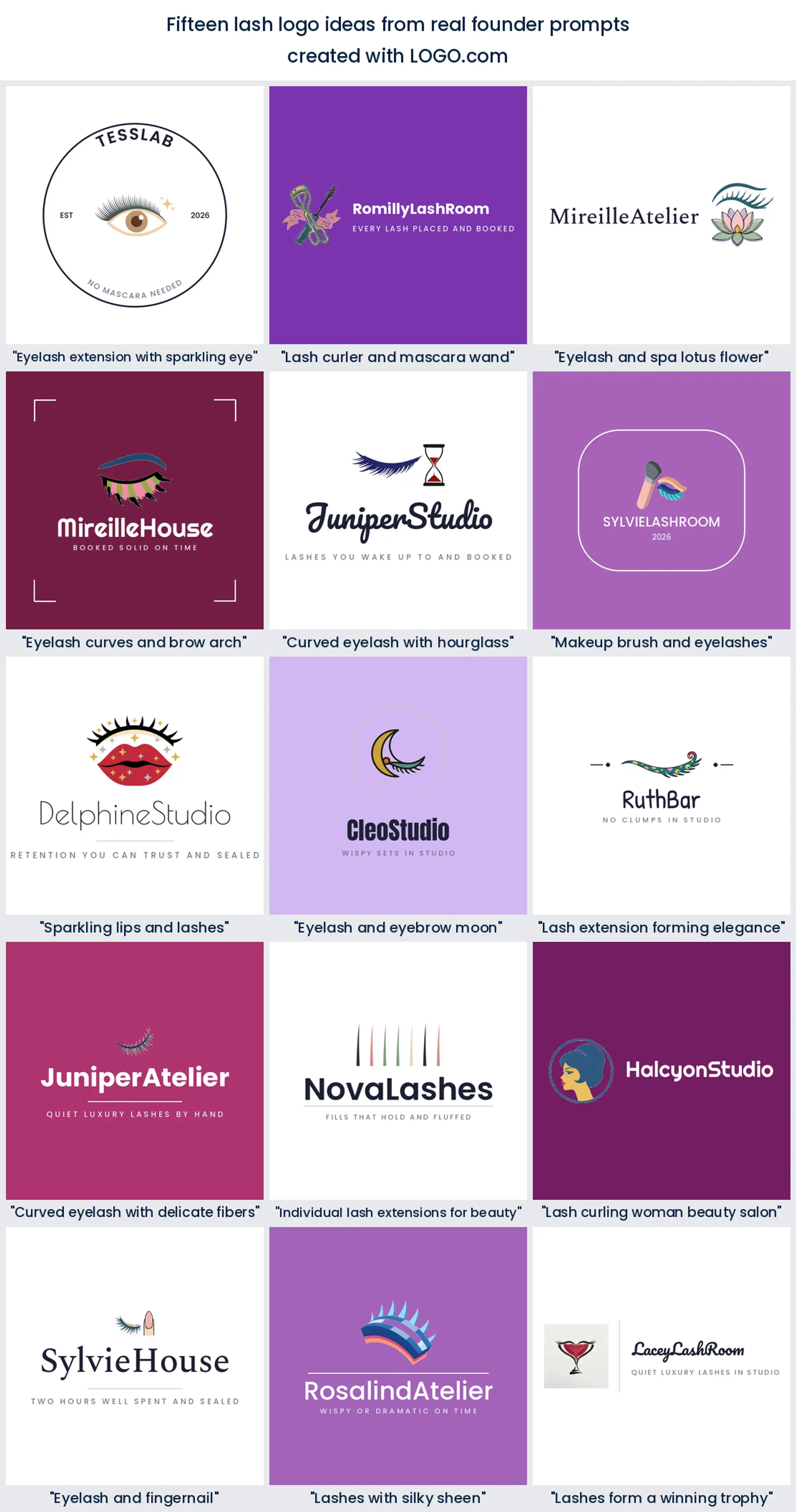 Fifteen lashes logo ideas from real founder prompts, each drawn in nine different design styles.