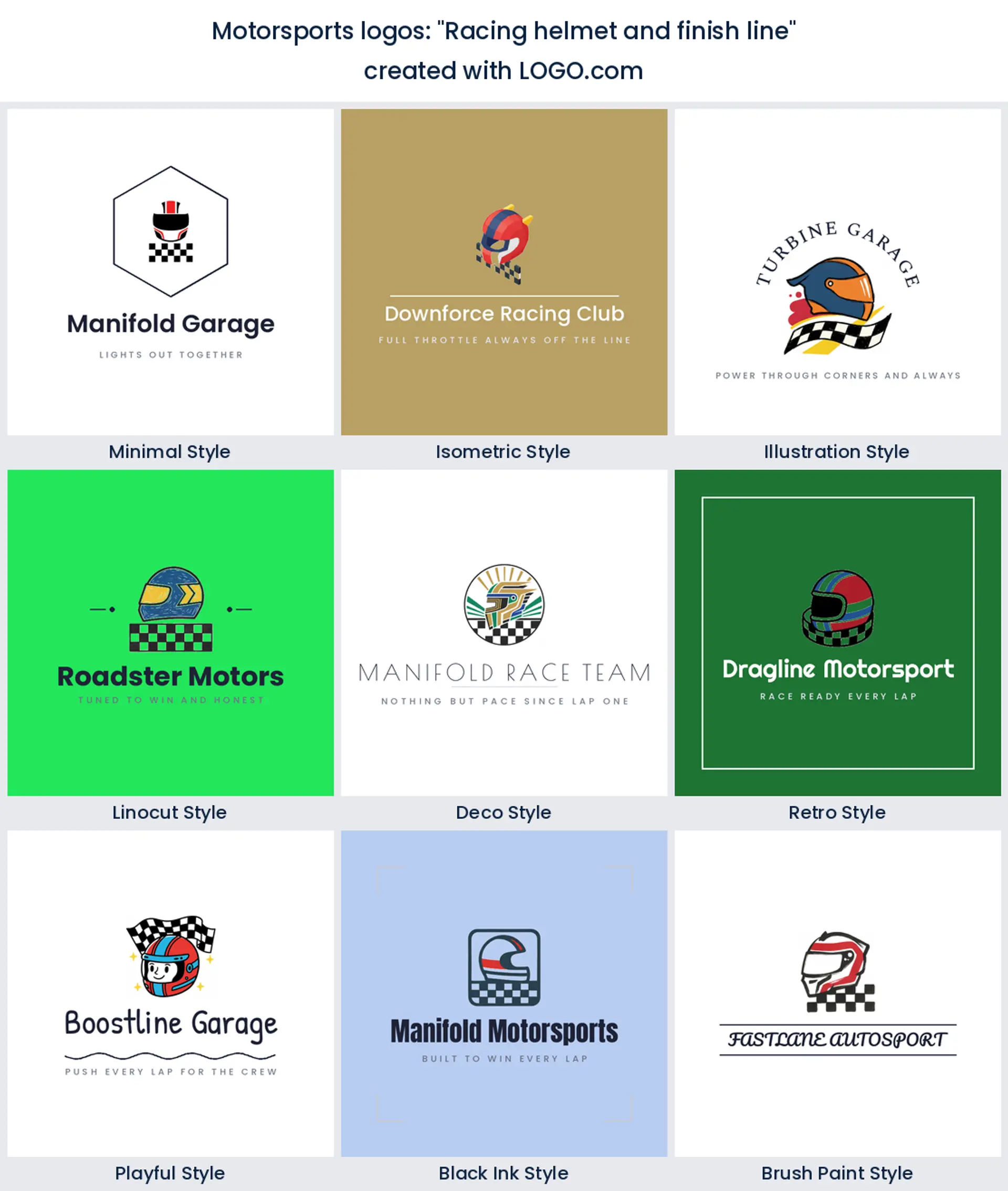 Nine driver personal brand logos of a racing helmet and finish line, in nine styles.