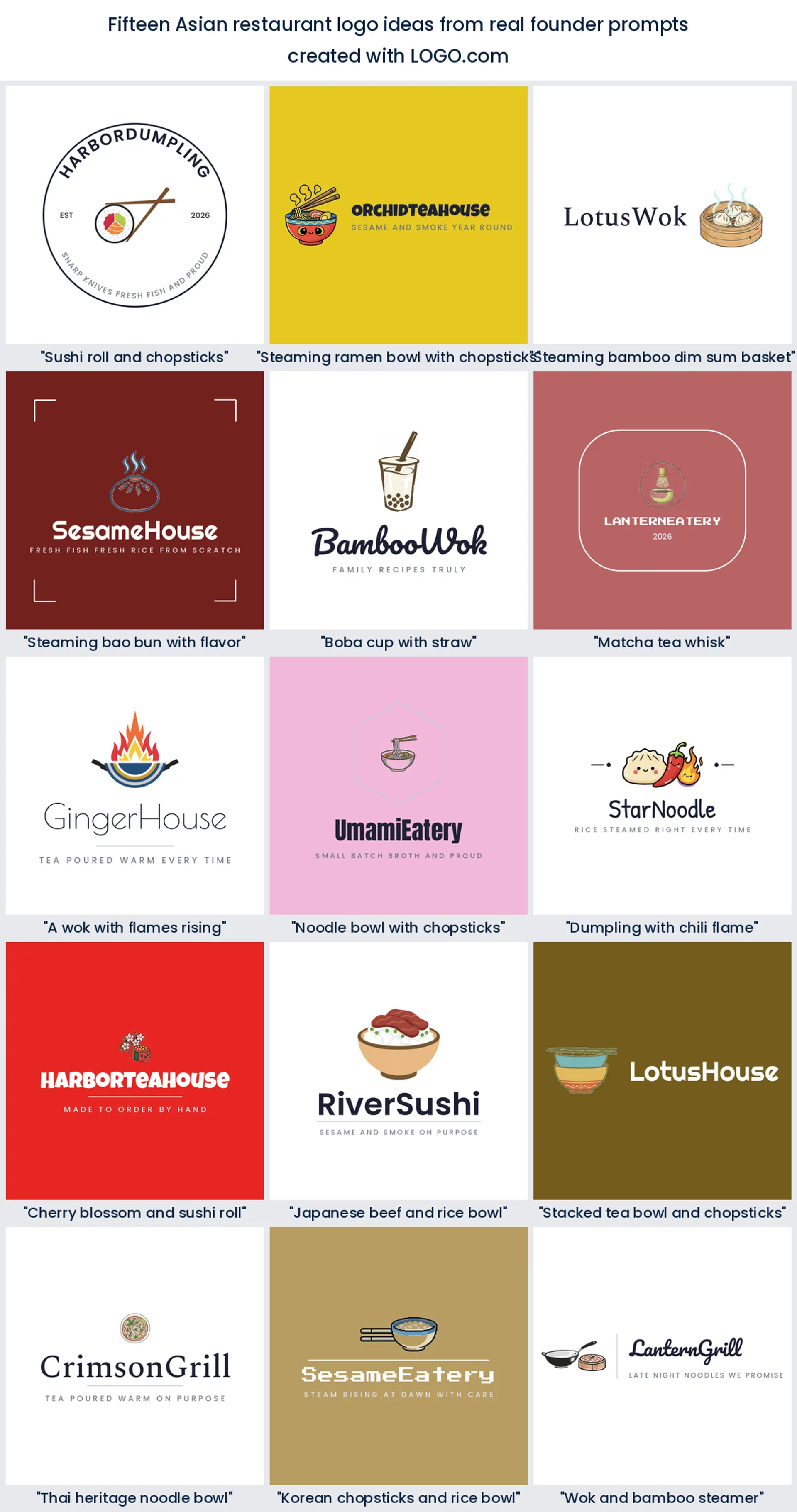 Fifteen Asian restaurant logo ideas shown across nine LOGO.com styles.