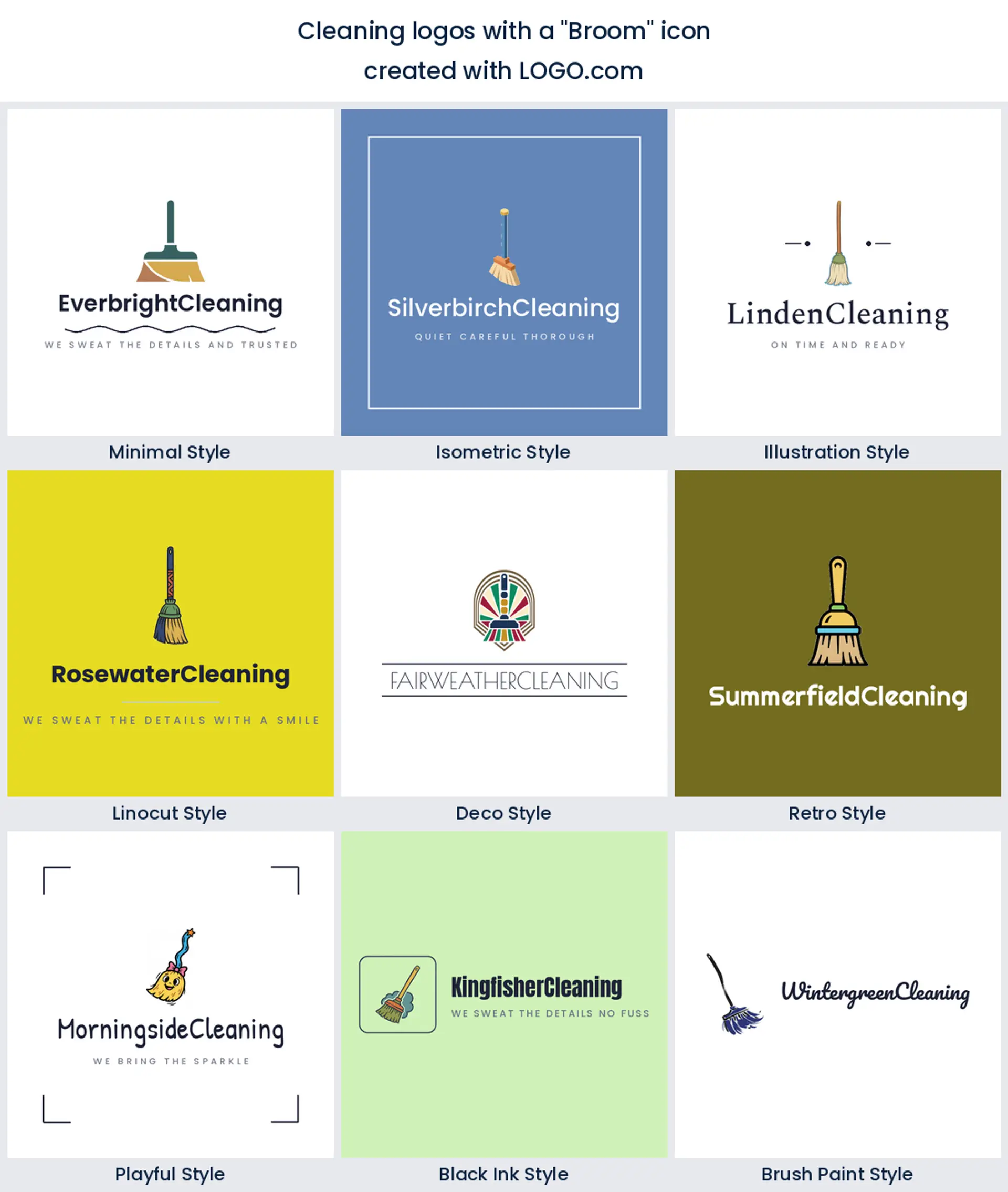 Broom cleaning logo shown in nine LOGO.com styles