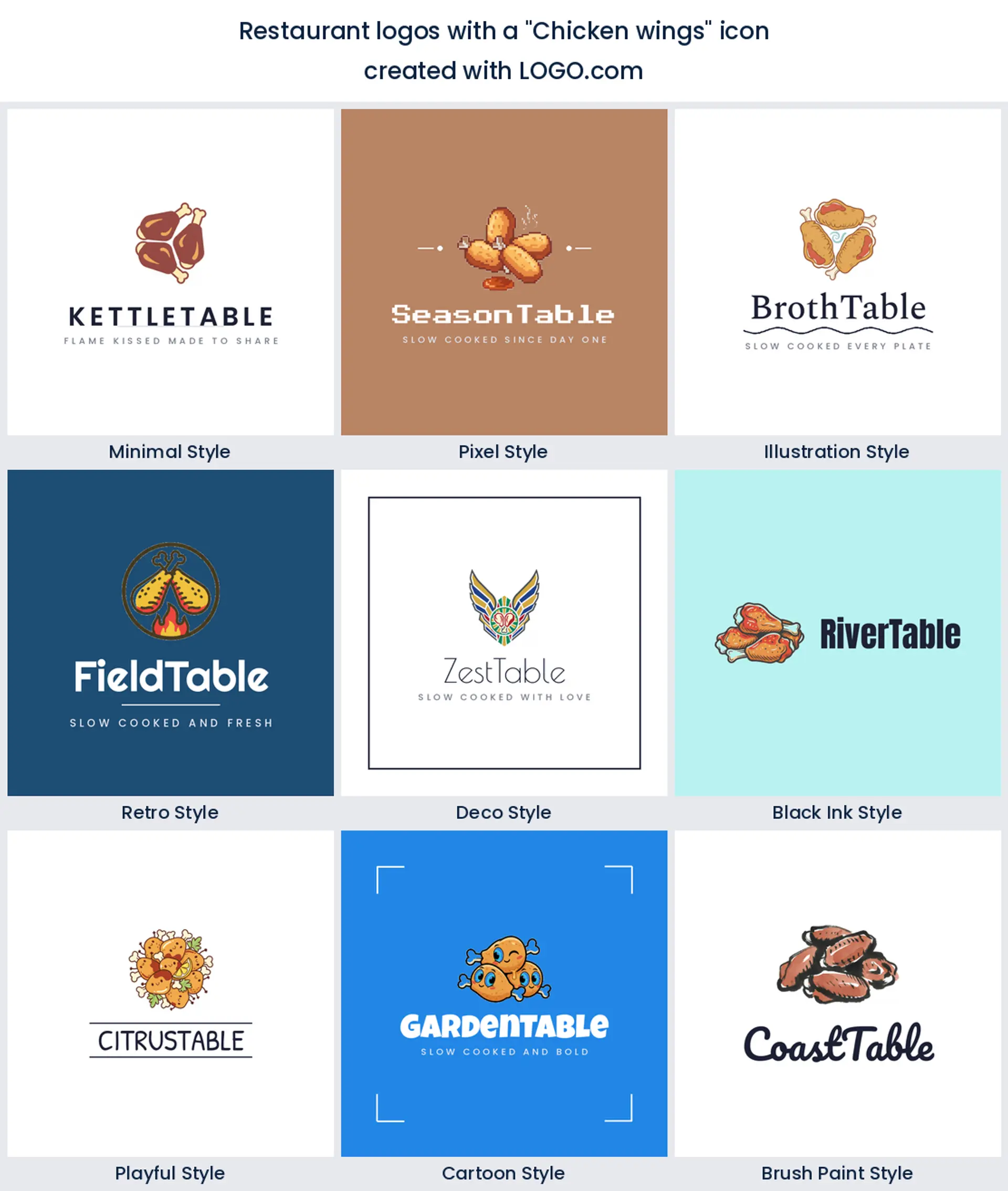 Chicken wings restaurant logo shown in nine LOGO.com styles.