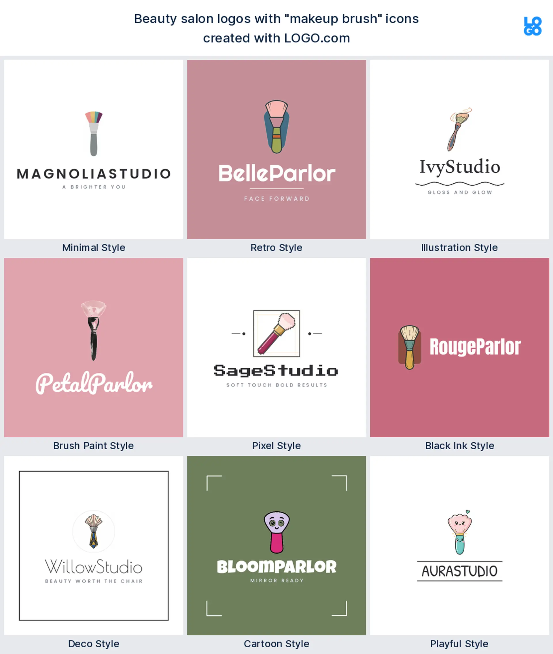 Makeup brush, black ink beauty salon logo shown in nine LOGO.com styles