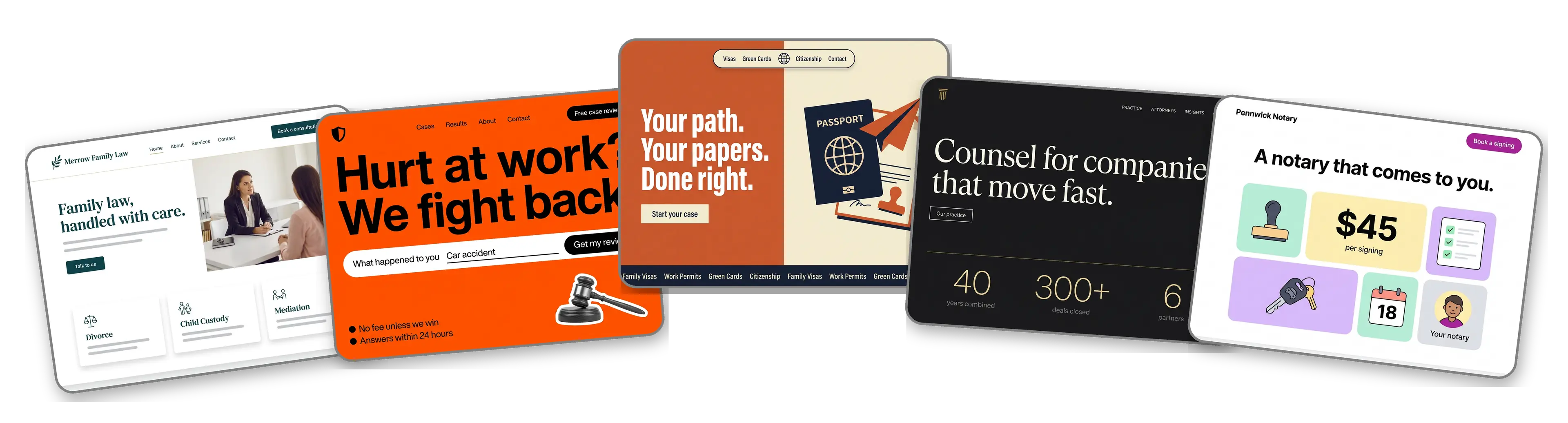 Five law firm websites built with LOGO.com from a logo upload: a family law practice, a personal injury lawyer, an immigration attorney, a corporate law firm and a mobile notary public