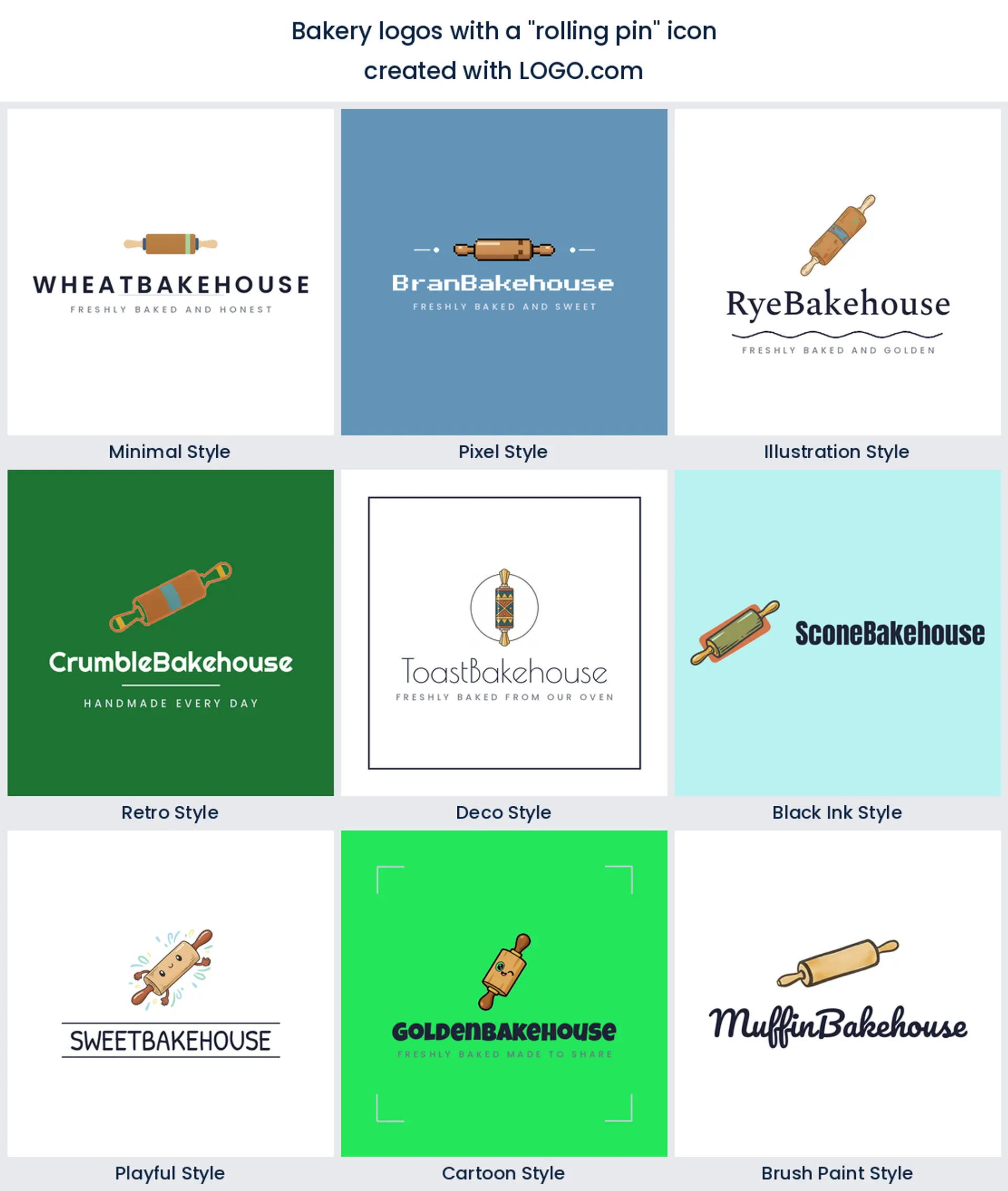 Rolling pin bakery logo shown in nine LOGO.com styles.