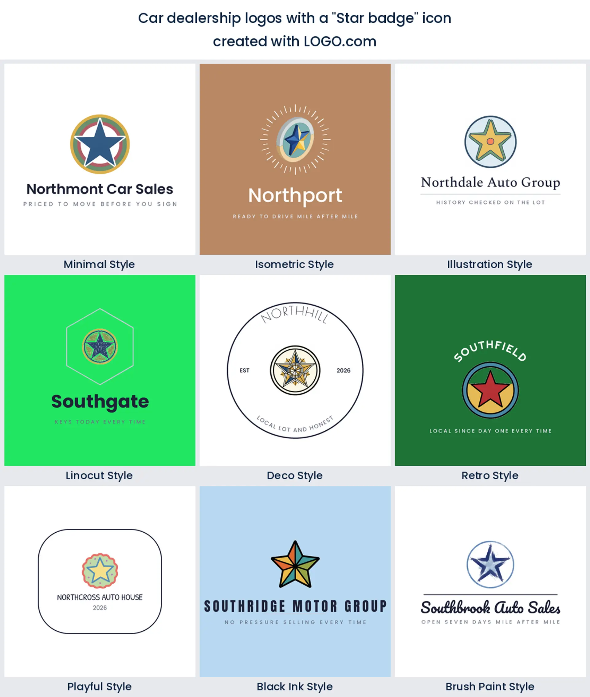 Star badge automotive logo shown in nine LOGO.com styles