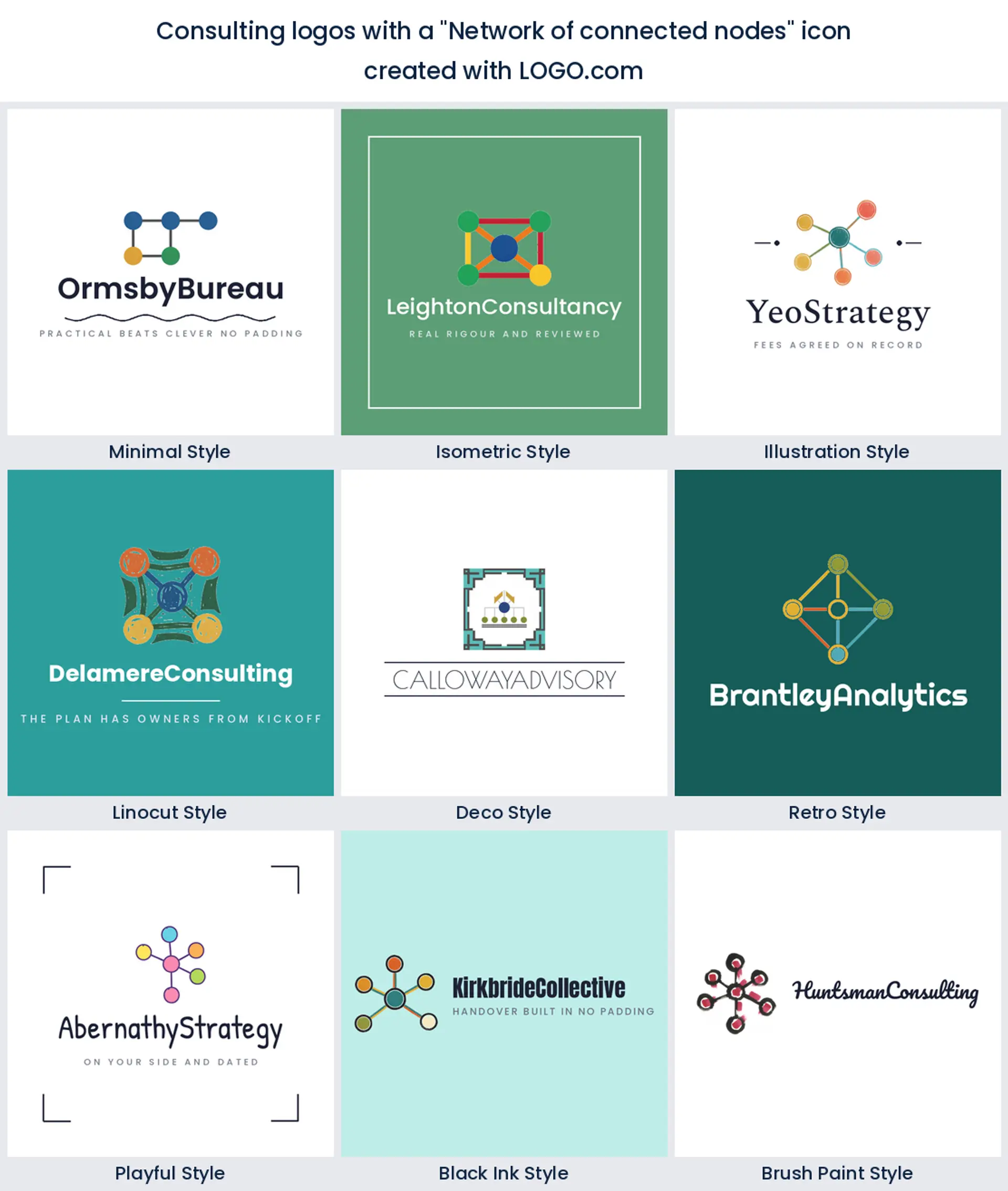 Nine styles of consulting logo built on a network of connected nodes