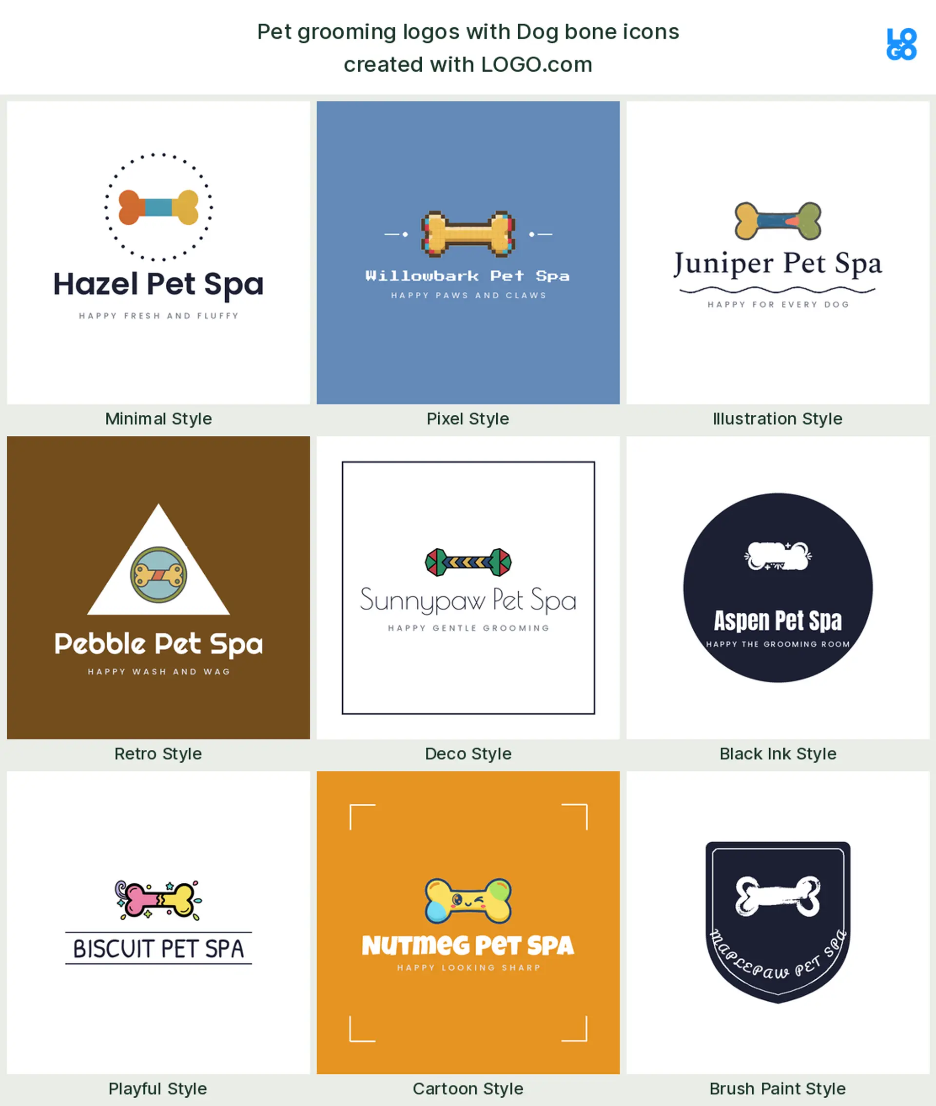 Dog bone, a popular pet grooming logo symbol, shown across nine styles on LOGO.com
