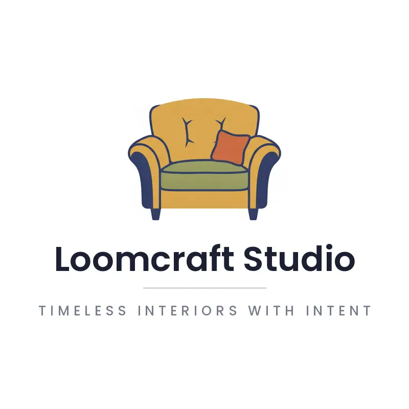 A cushioned armchair, a warm residential interior design logo in a minimal style