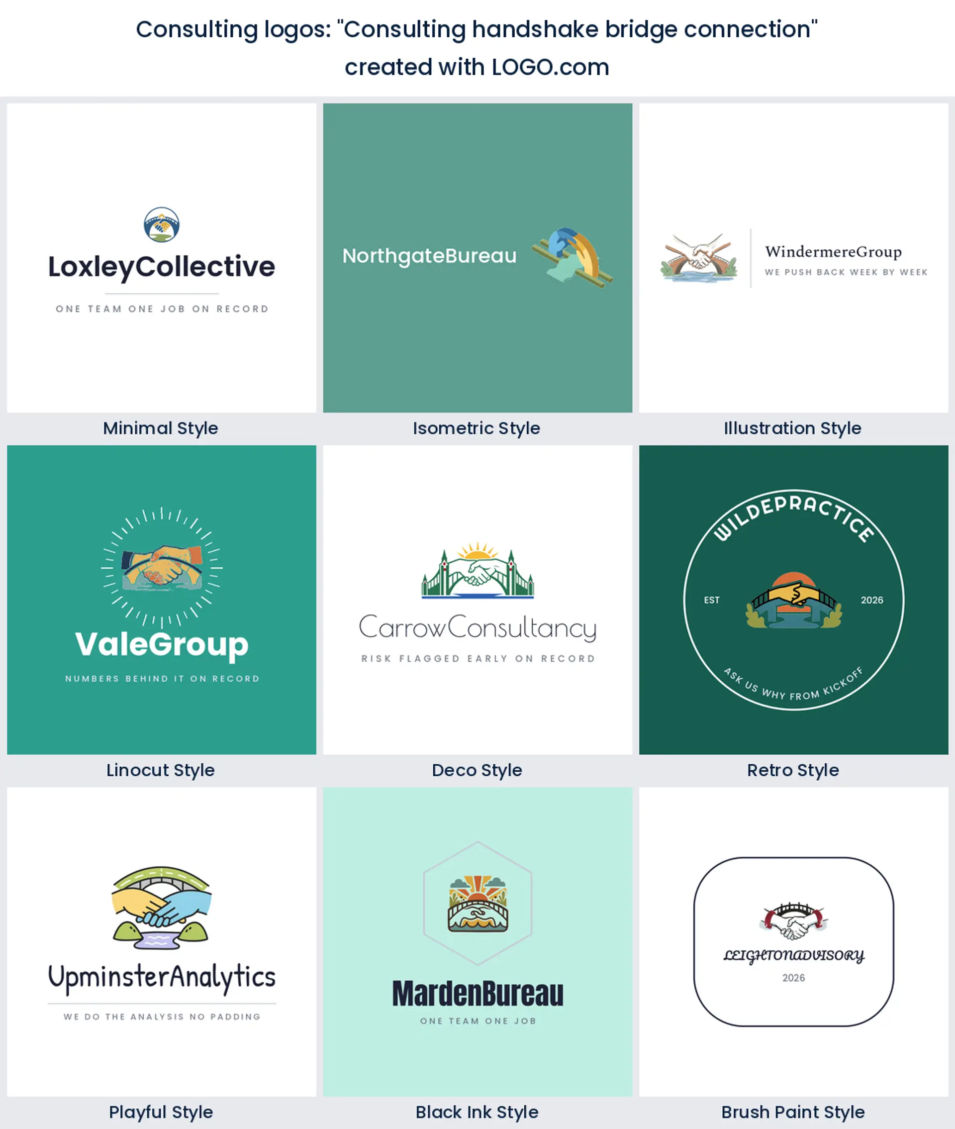 Nine styles of consulting logo with two clasped hands forming a bridge span