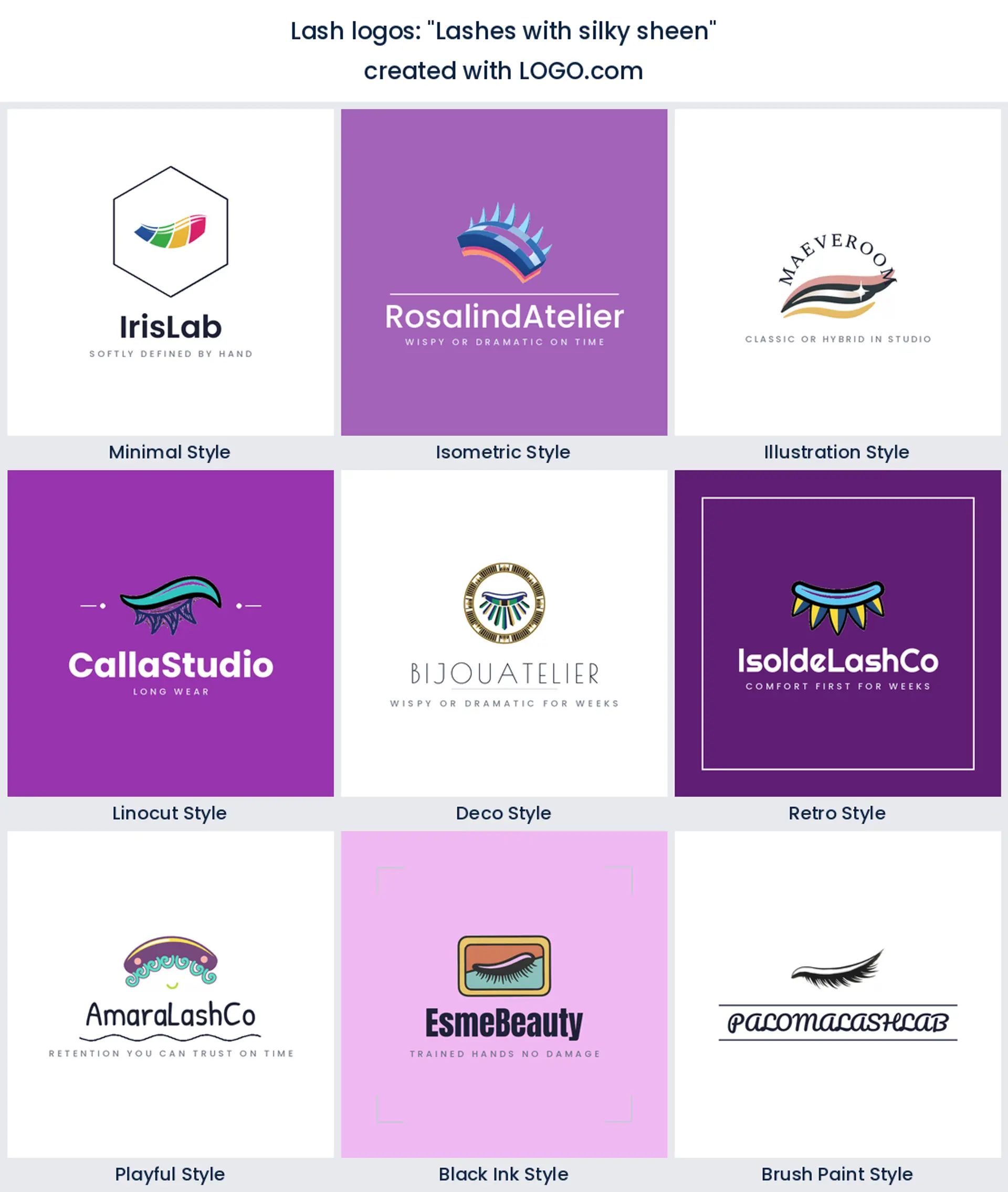 A lash logo built from the founder prompt "Lashes with silky sheen", shown in nine design styles.