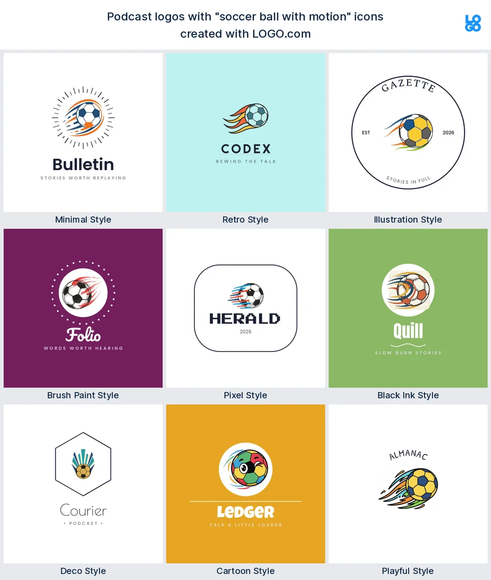 Soccer ball with motion podcast logo shown in nine LOGO.com styles