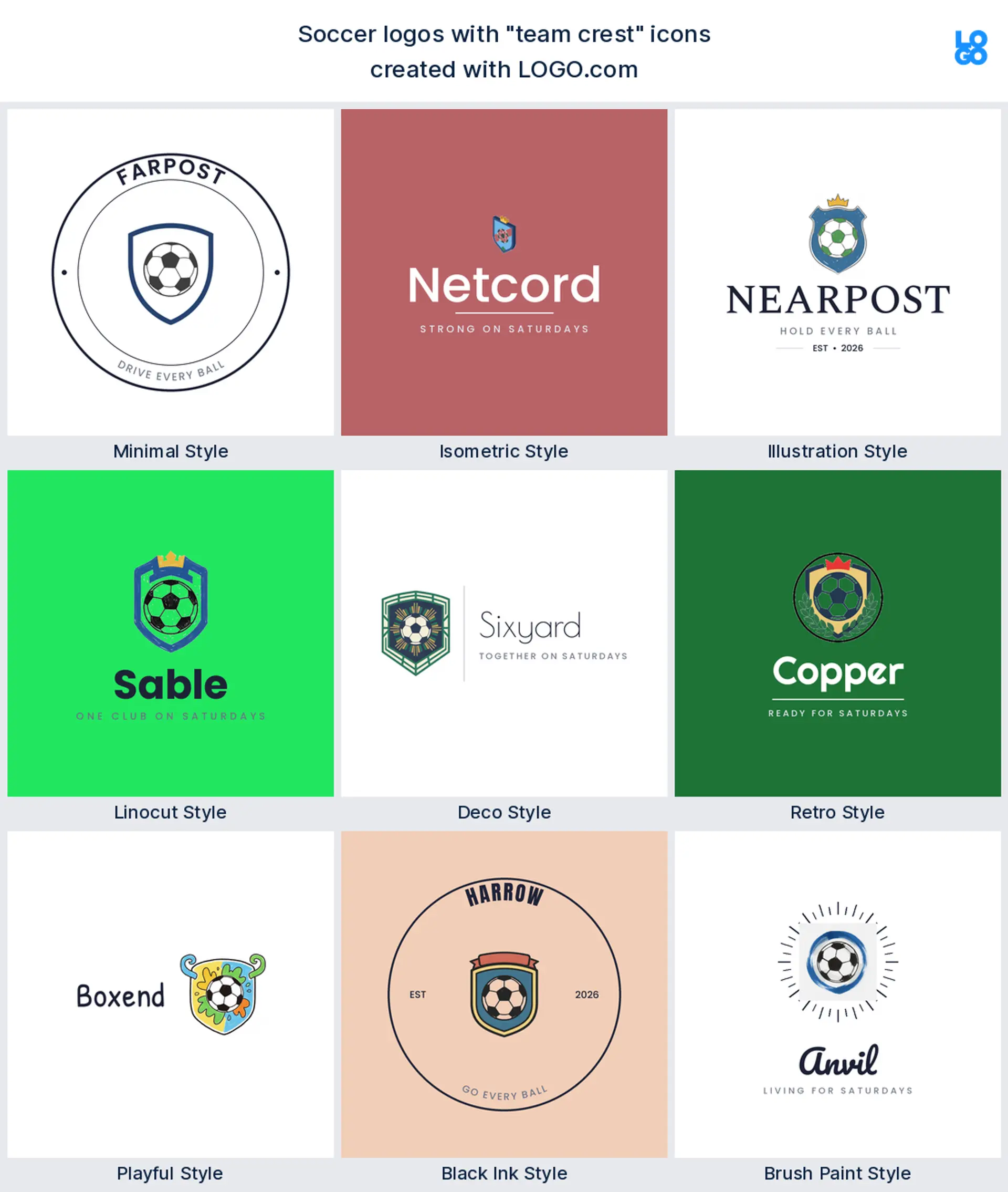 Team crest soccer logo shown in nine LOGO.com styles
