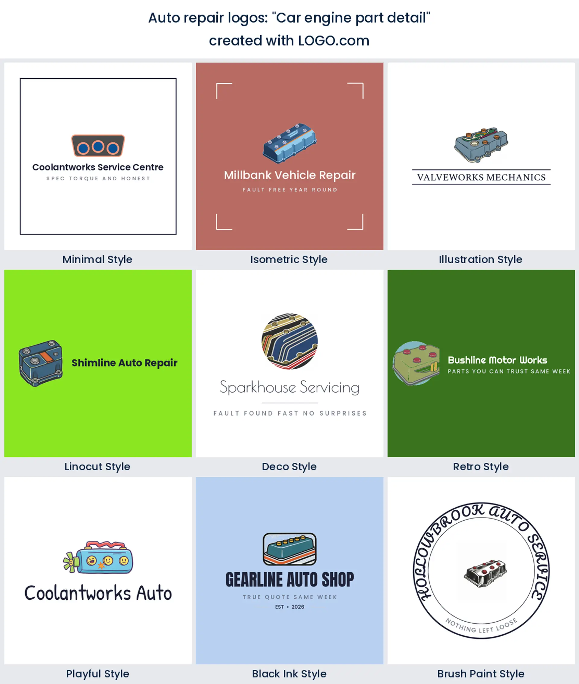 "Car engine part detail" engine builder logo shown in nine LOGO.com styles