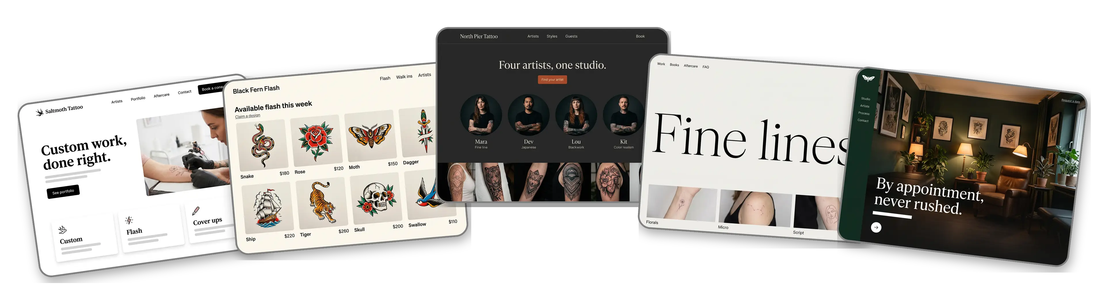Five tattoo websites built with LOGO.com from a logo upload: a custom tattoo studio, a flash shop, a collective with resident artists, a fine line artist and a private appointment only studio