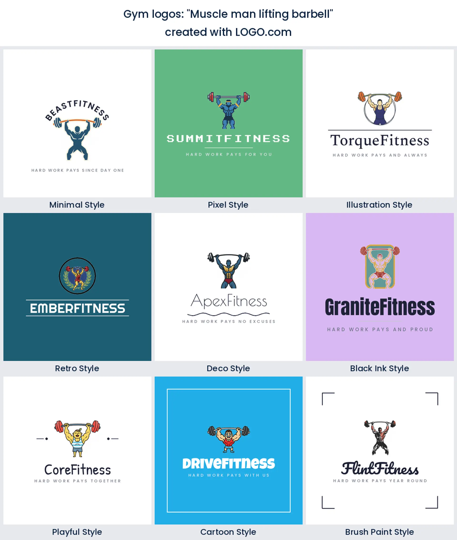 Muscle man lifting a barbell logo shown across nine LOGO.com styles