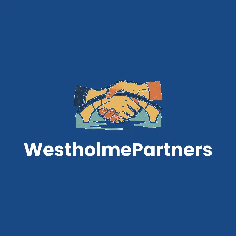 Linocut consulting firm logo for WestholmePartners with two clasped hands forming a bridge span on deep blue