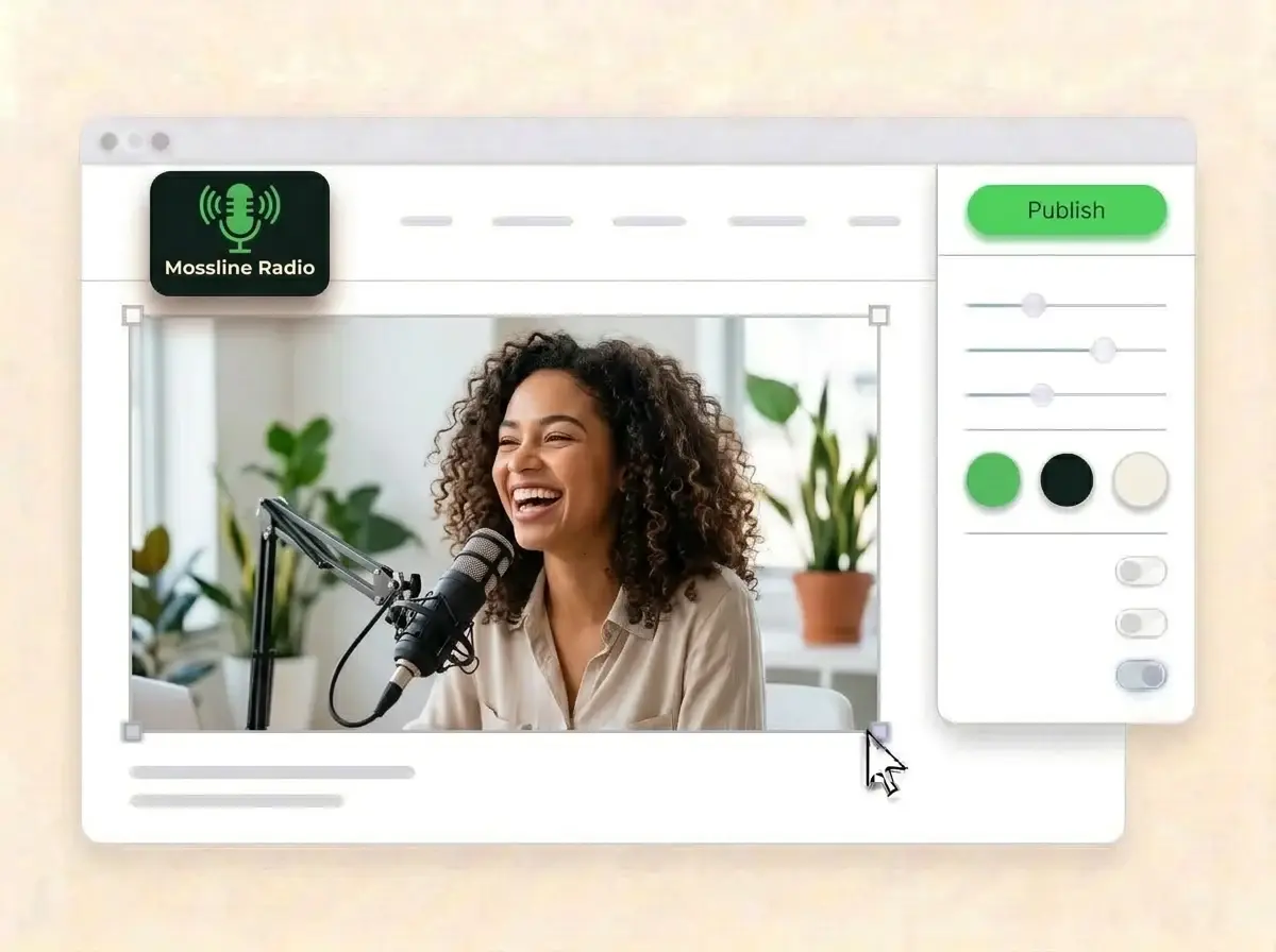Editing the Mossline Radio website with a photo of a guest laughing into a microphone selected, the style panel open and the Publish button ready