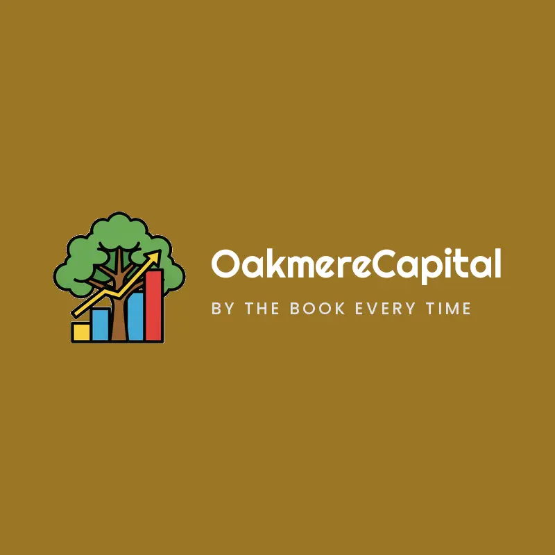 Retro investment logo for OakmereCapital with a broad oak tree behind a climbing chart on bronze