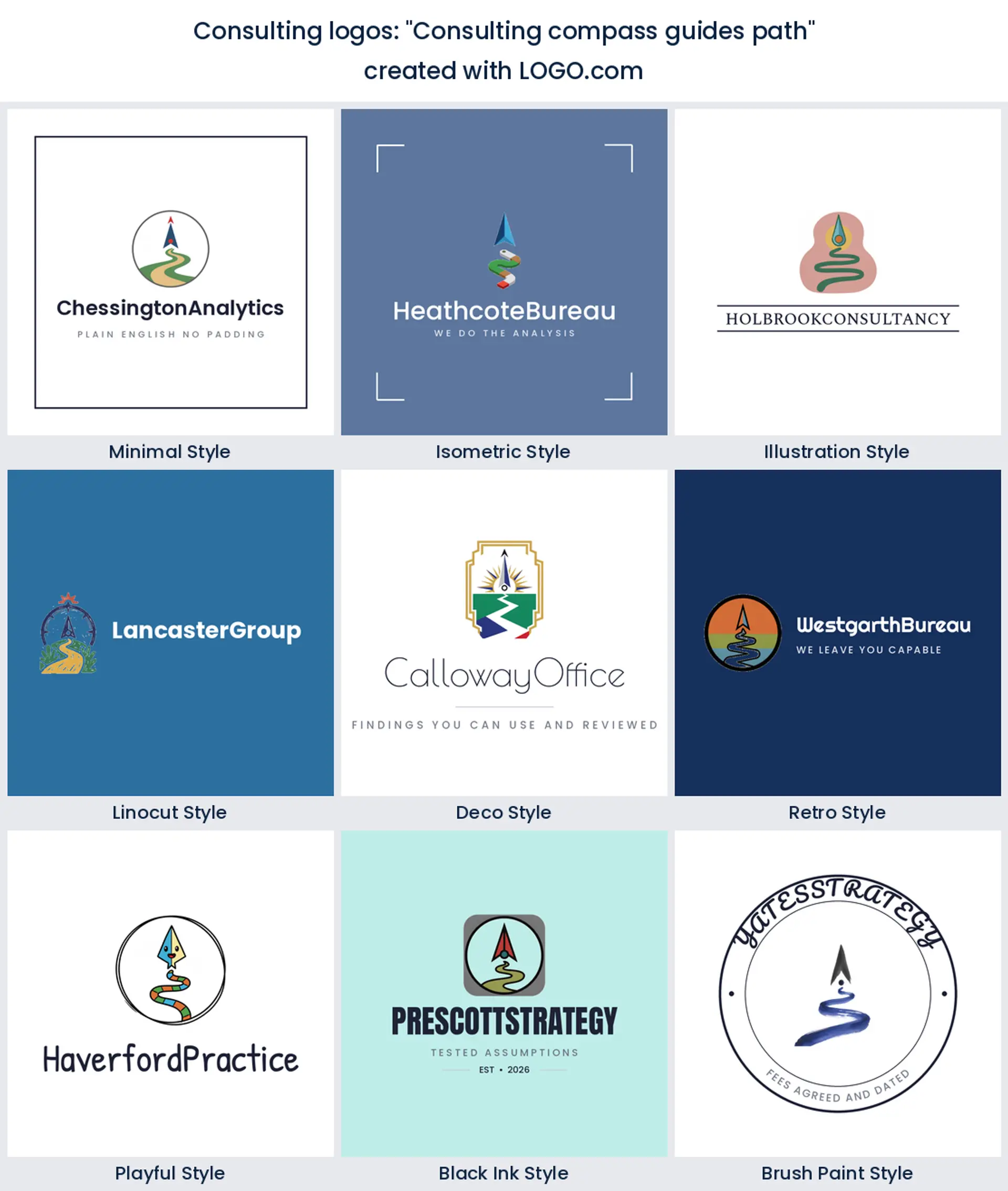 Nine styles of consulting logo with a compass needle above a winding path