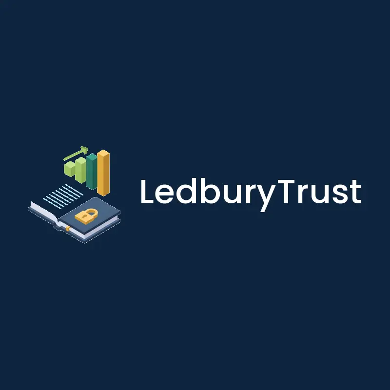 Isometric banking logo for LedburyTrust with an open ledger and a rising graph on deep navy