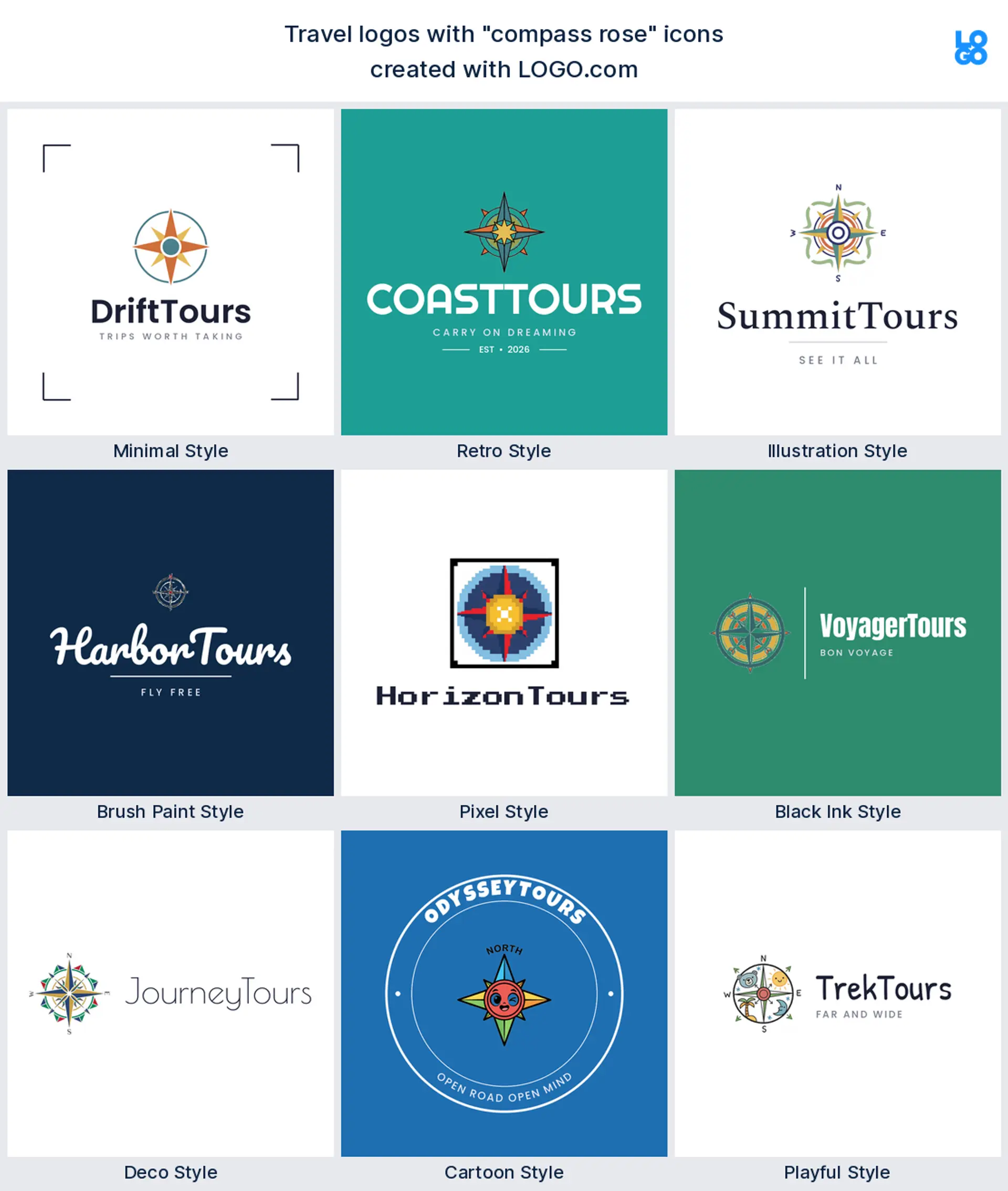 Compass rose, brush paint travel logo shown in nine LOGO.com styles