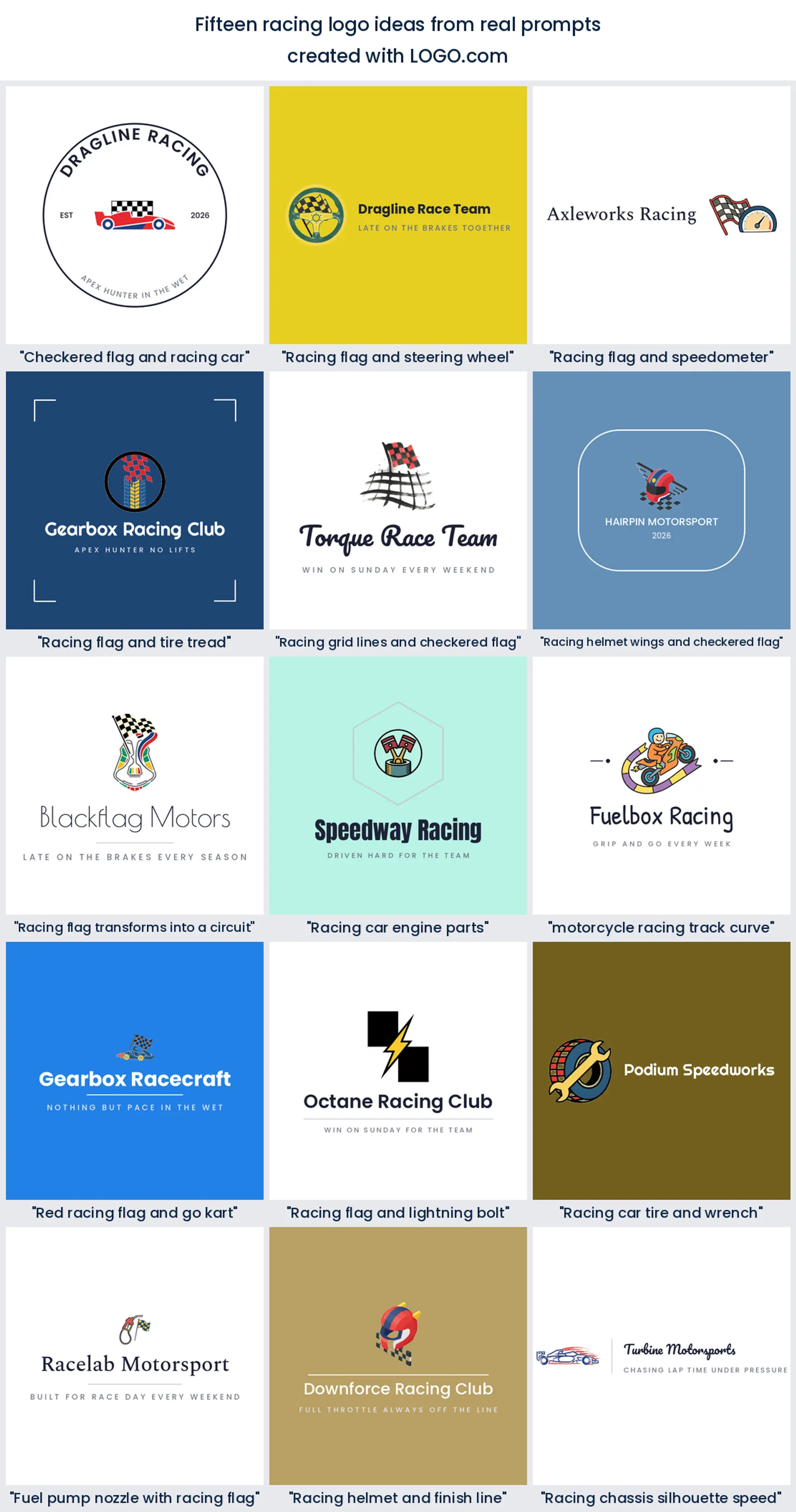 Fifteen racing logo ideas taken from real founder prompts, shown as fifteen finished motorsports logos.