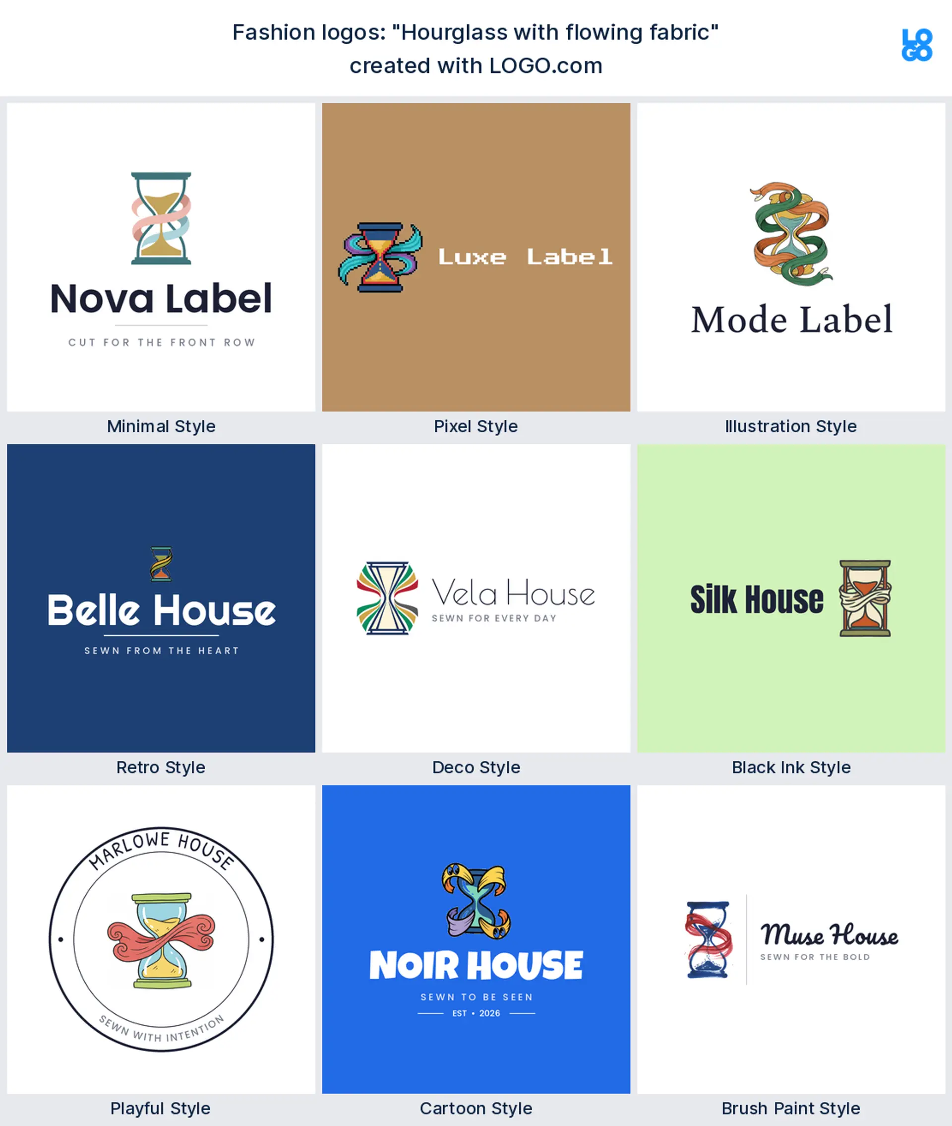 The "Hourglass with flowing fabric" logo idea shown across nine LOGO.com styles