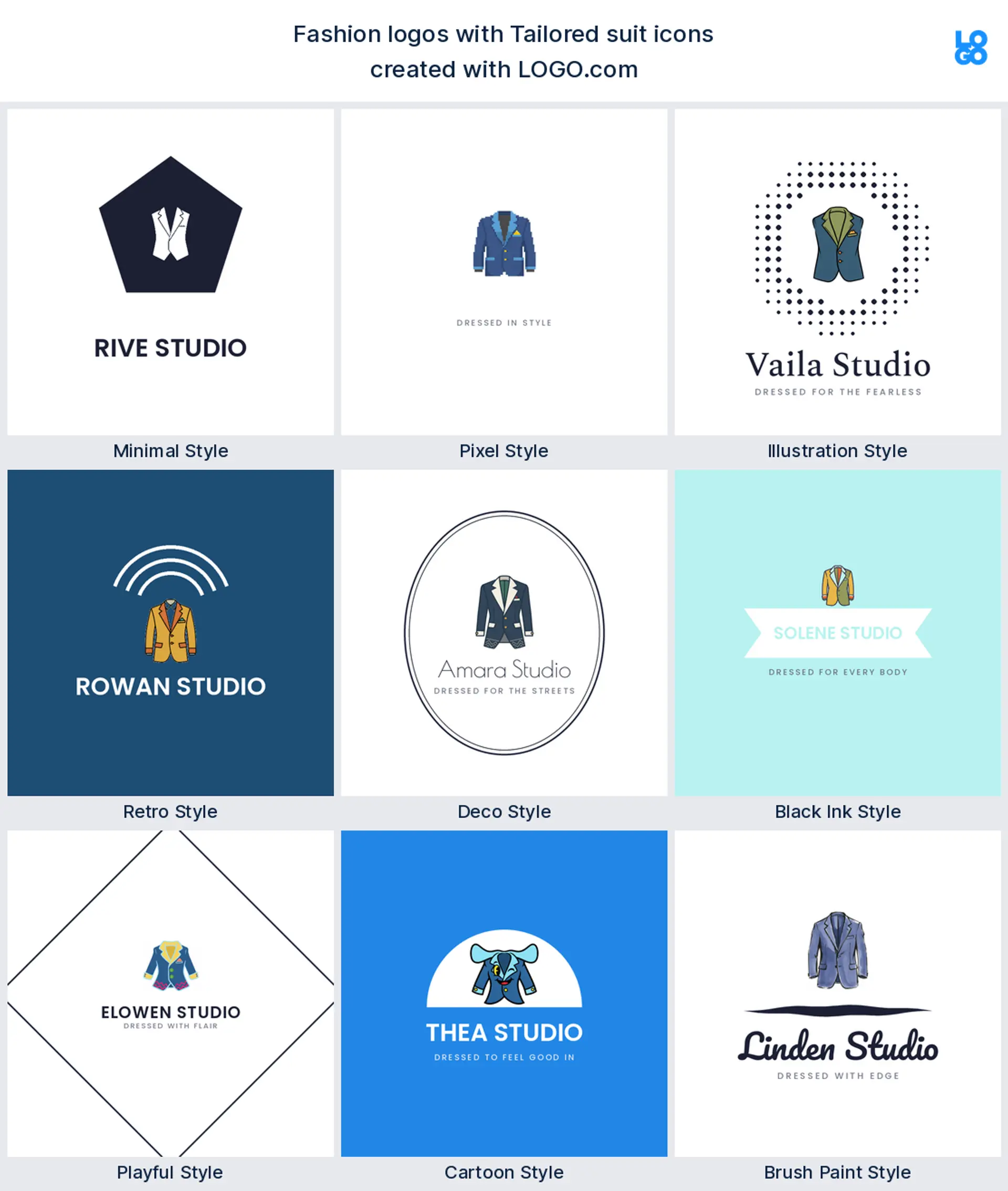 Tailored suit shown across nine LOGO.com logo styles