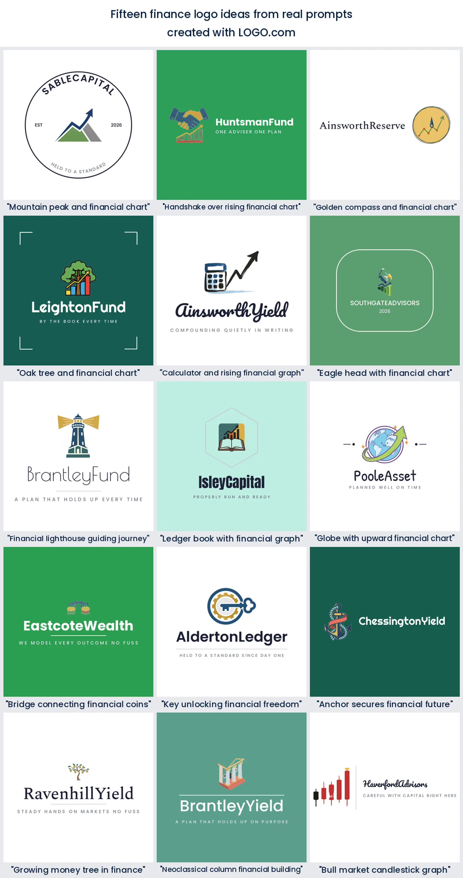 Overview of fifteen finance logo ideas taken from real founder prompts on LOGO.com