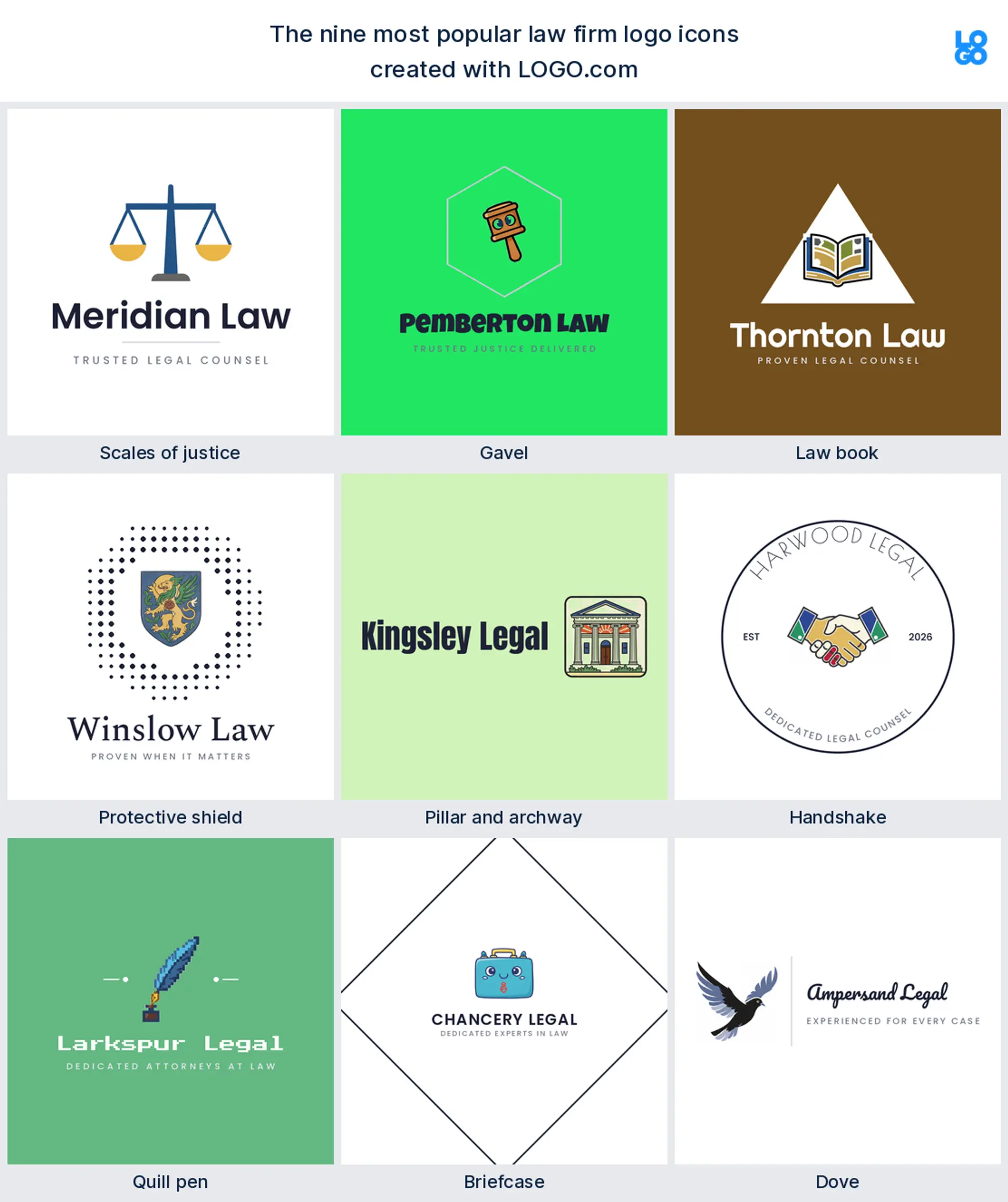 The nine most popular law firm logo icons on LOGO.com, shown across nine styles