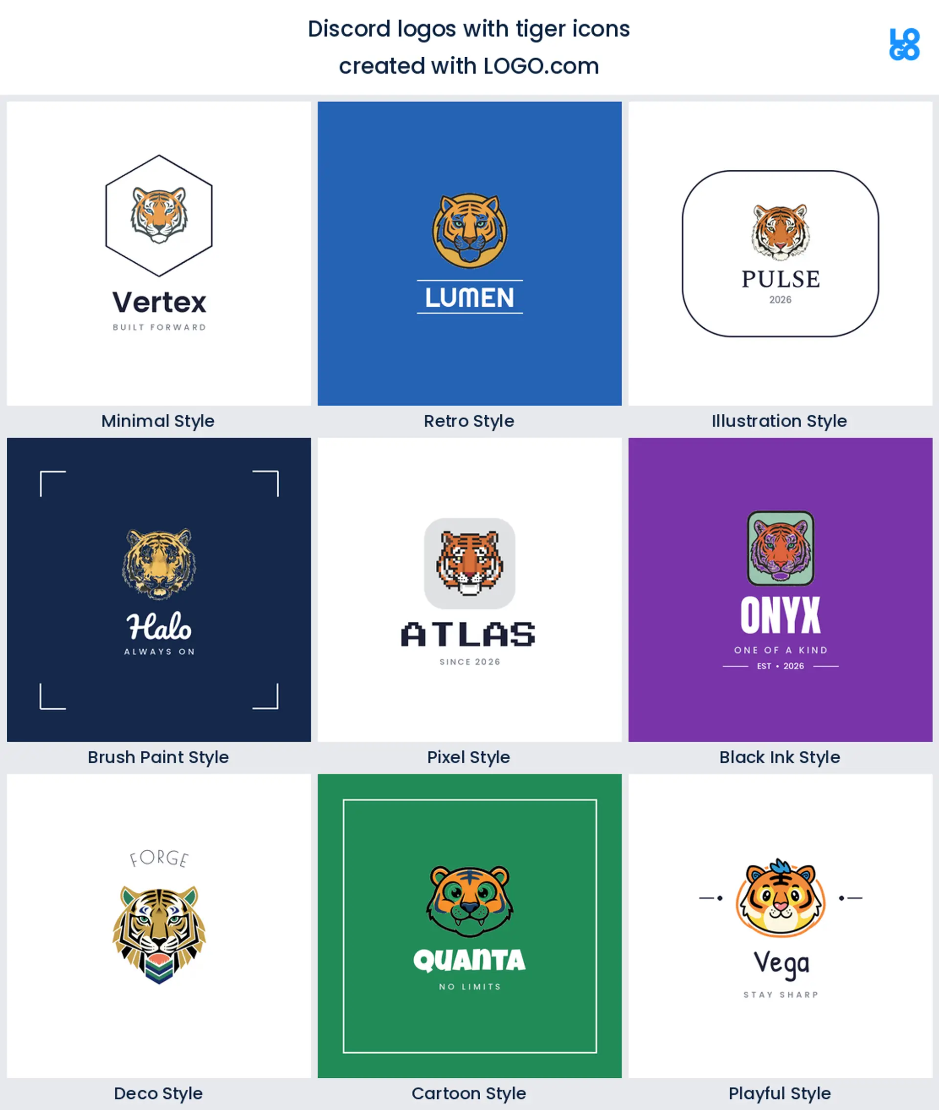 Tiger discord server logo shown in nine LOGO.com styles