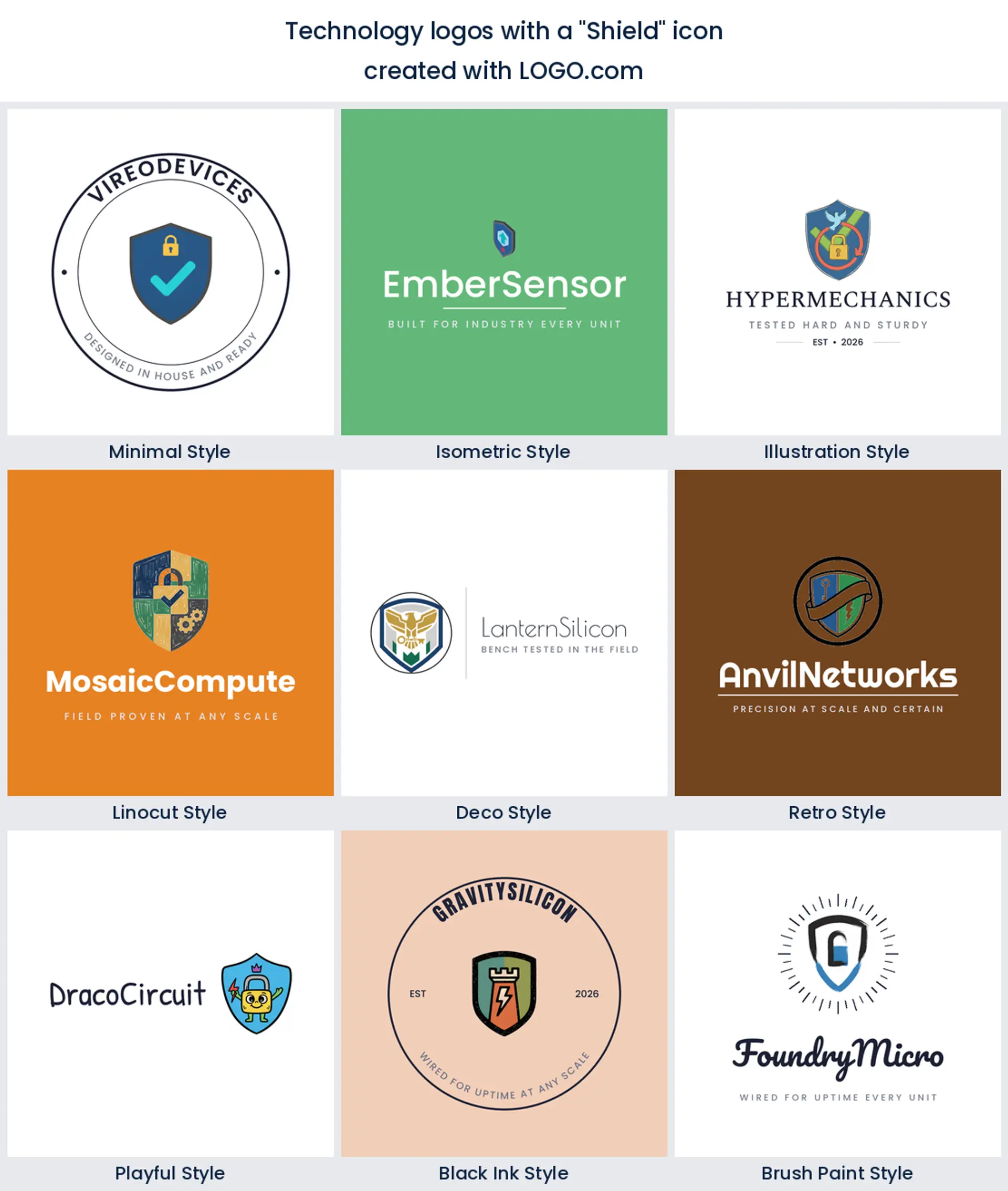 Shield technology logo shown in nine LOGO.com styles.