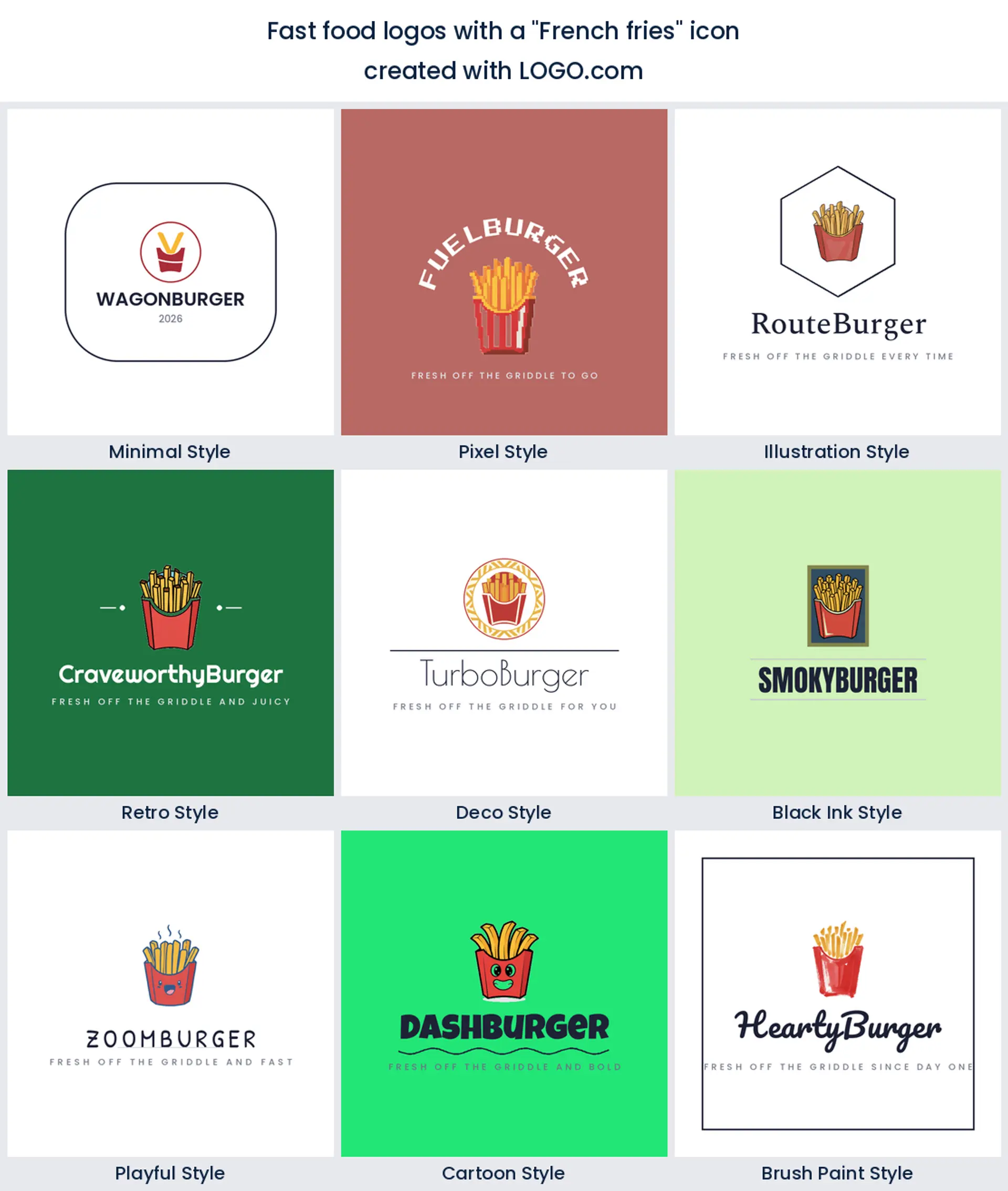 French fries fast food logo shown in nine LOGO.com styles.