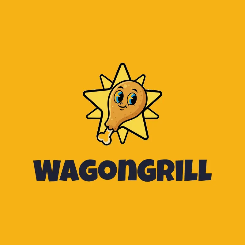 A cartoon chicken drumstick with a star logo on a yellow background.