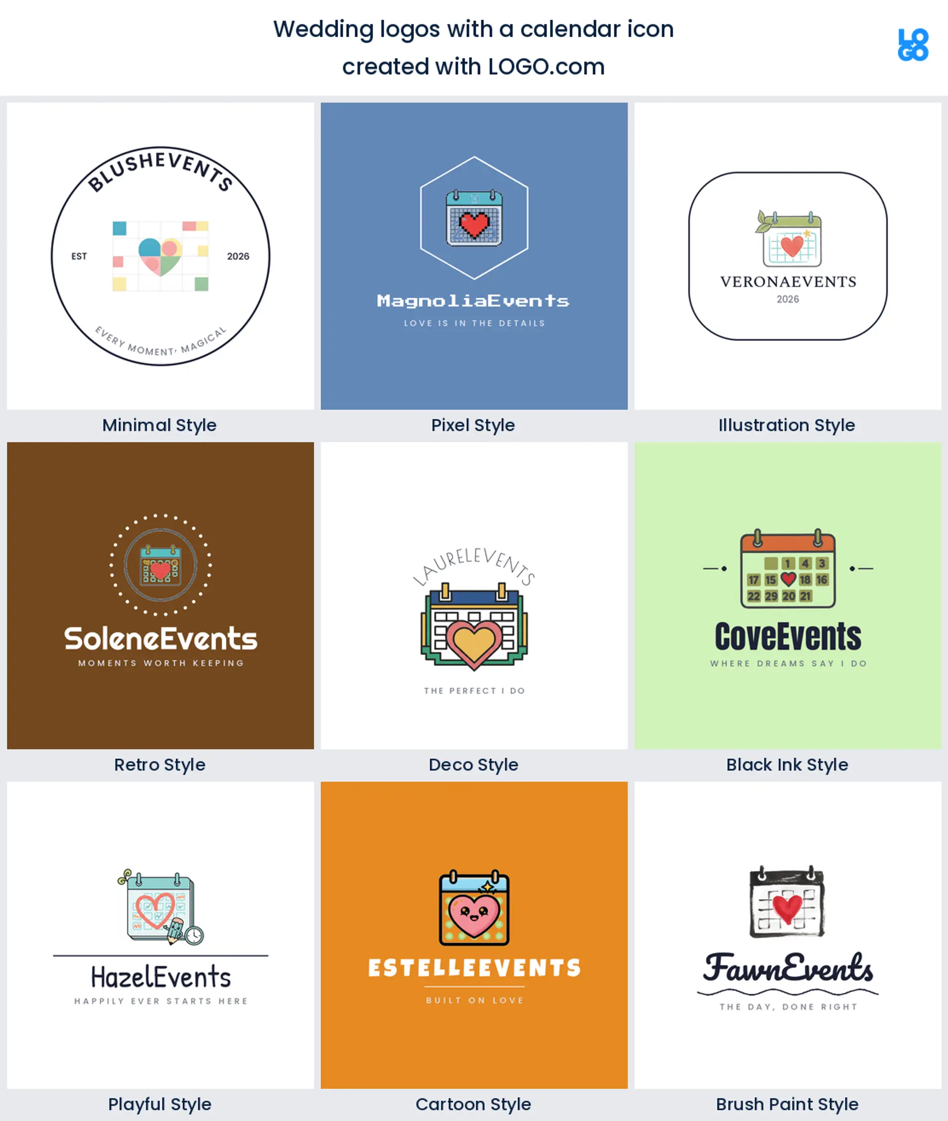 Calendar wedding planner logo shown in nine LOGO.com styles