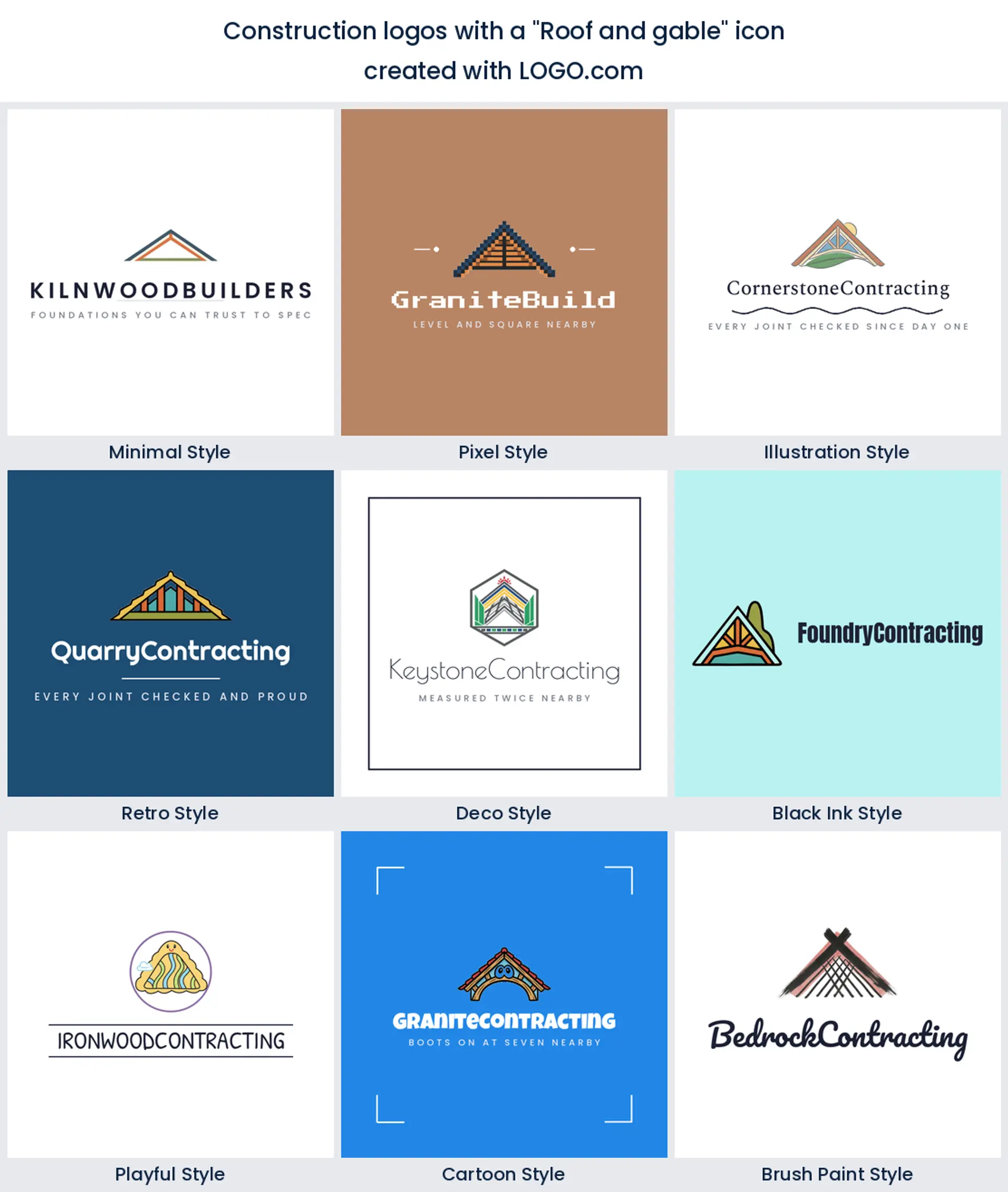 Roof and gable icon for a construction brand, shown in nine LOGO.com styles