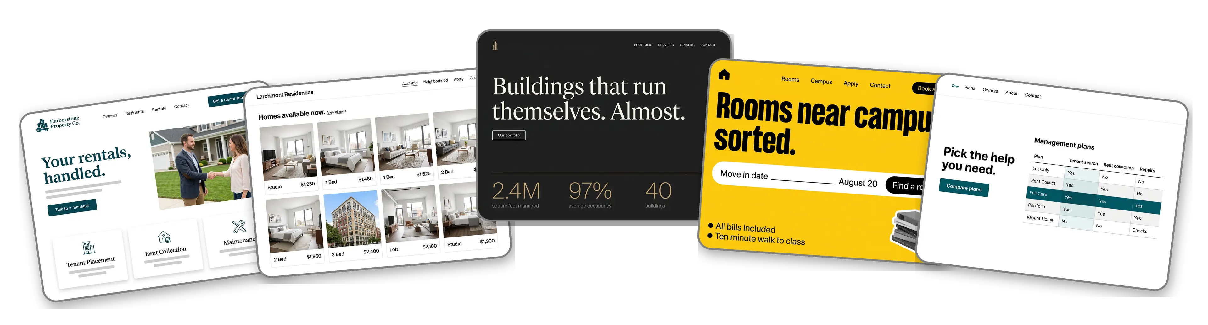 Five rental property websites built with LOGO.com from a logo upload: a residential property manager, an apartment leasing office, a commercial property firm, a student housing company and a landlord services company