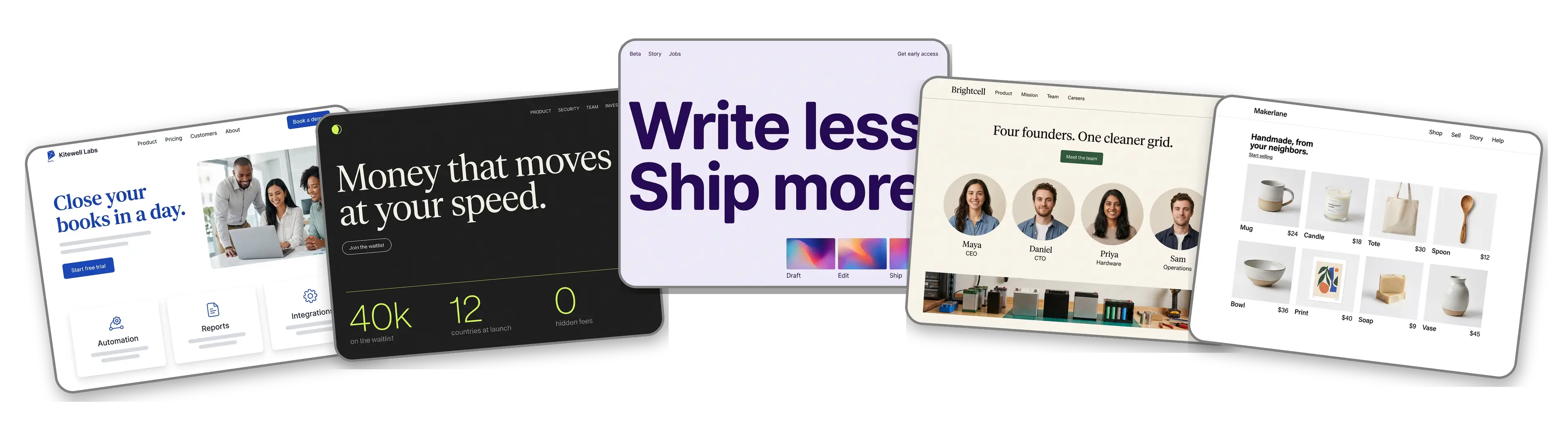 Five startup websites built with LOGO.com from a logo upload: a B2B software startup, a fintech app with a waitlist, an AI writing tool in private beta, a climate hardware team and a marketplace for local makers