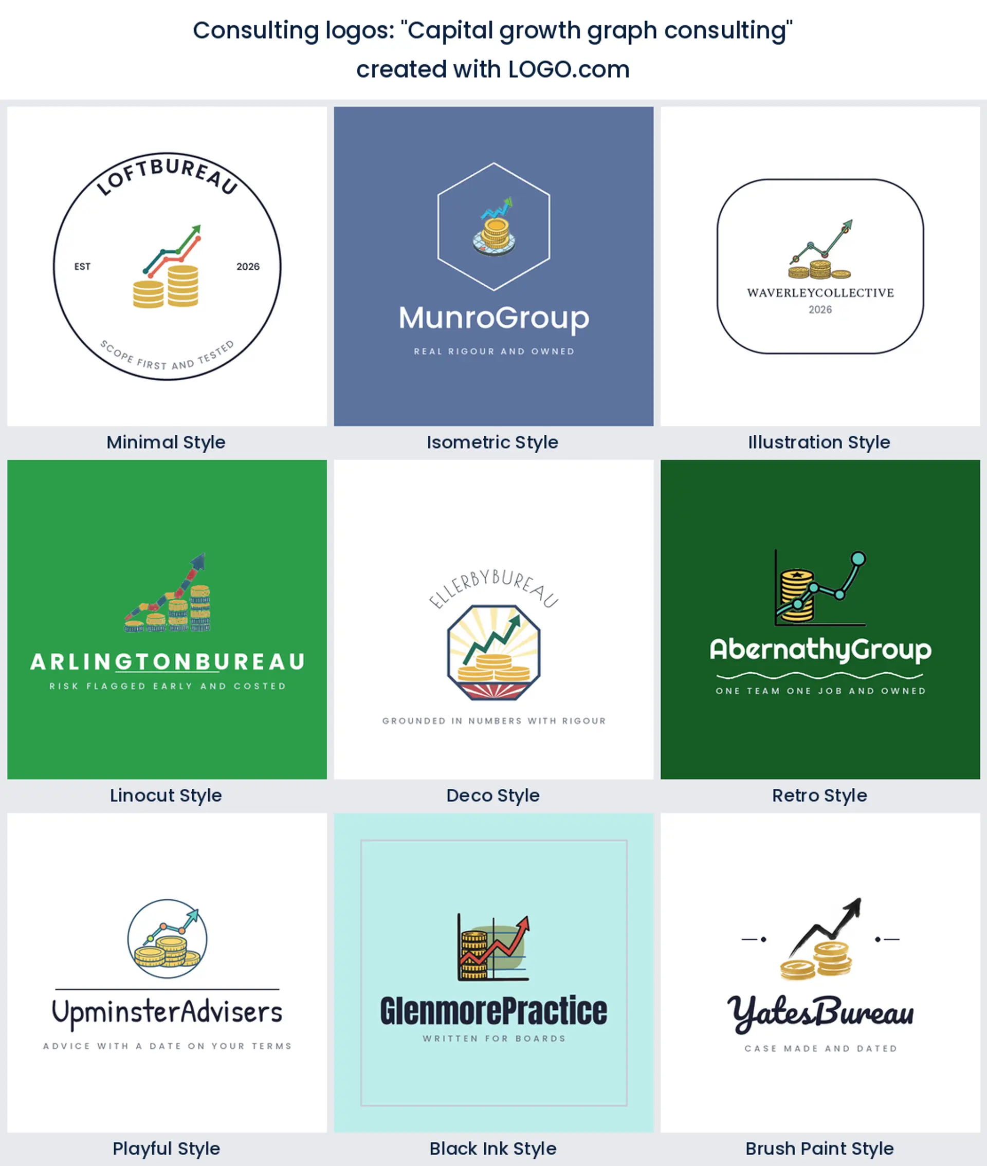 Nine styles of consulting logo with a stack of coins rising into a climbing graph