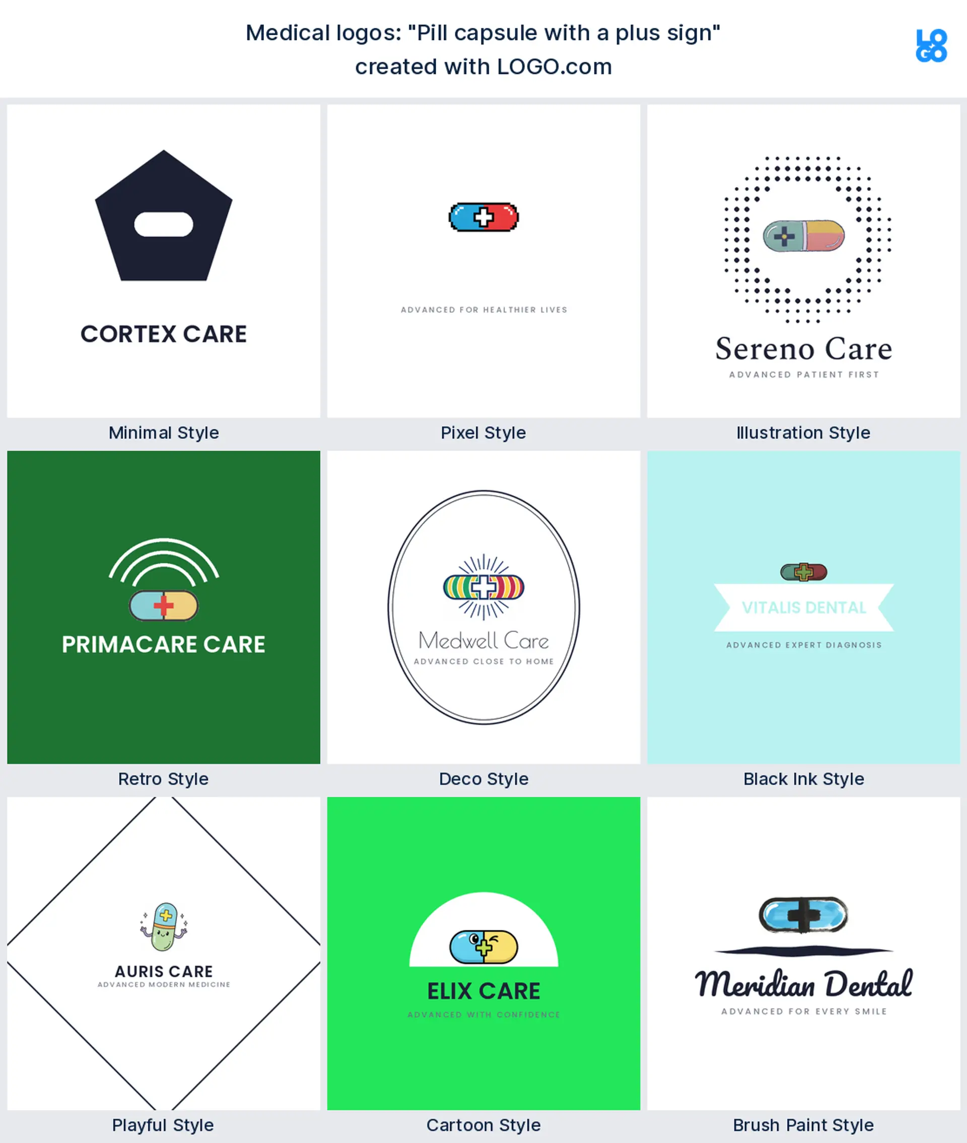 The "Pill capsule with a plus sign" medical logo idea shown across nine LOGO.com styles