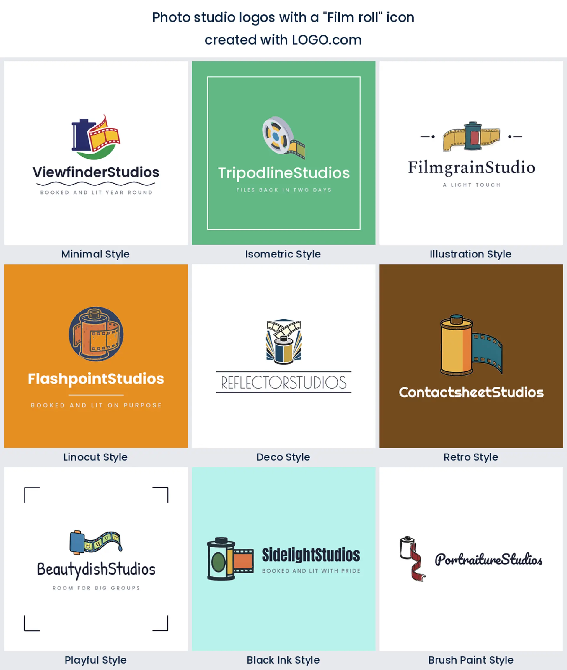 Photo studio logos with a film roll icon shown in nine different styles