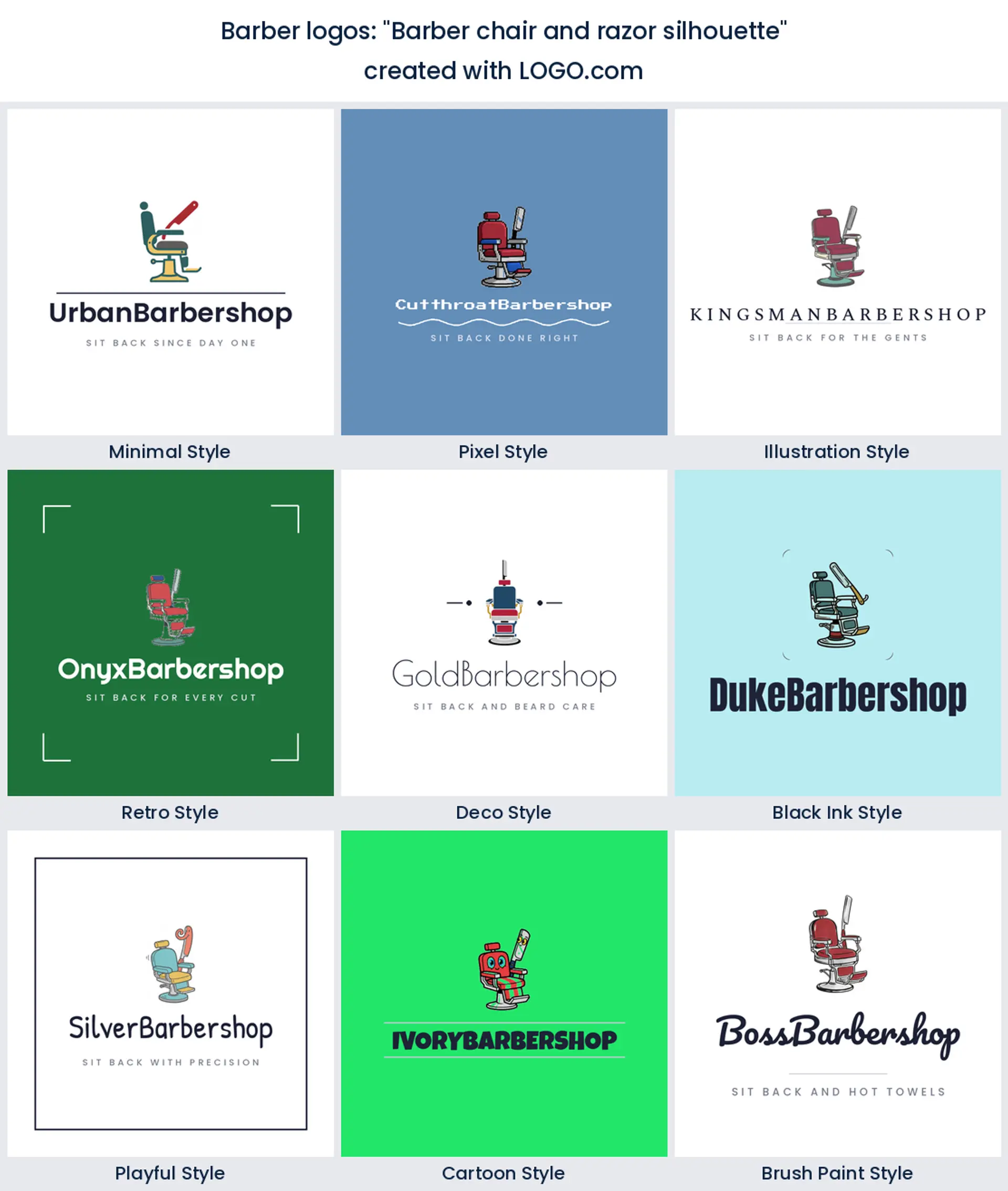 Barber chair and razor logo in nine styles.