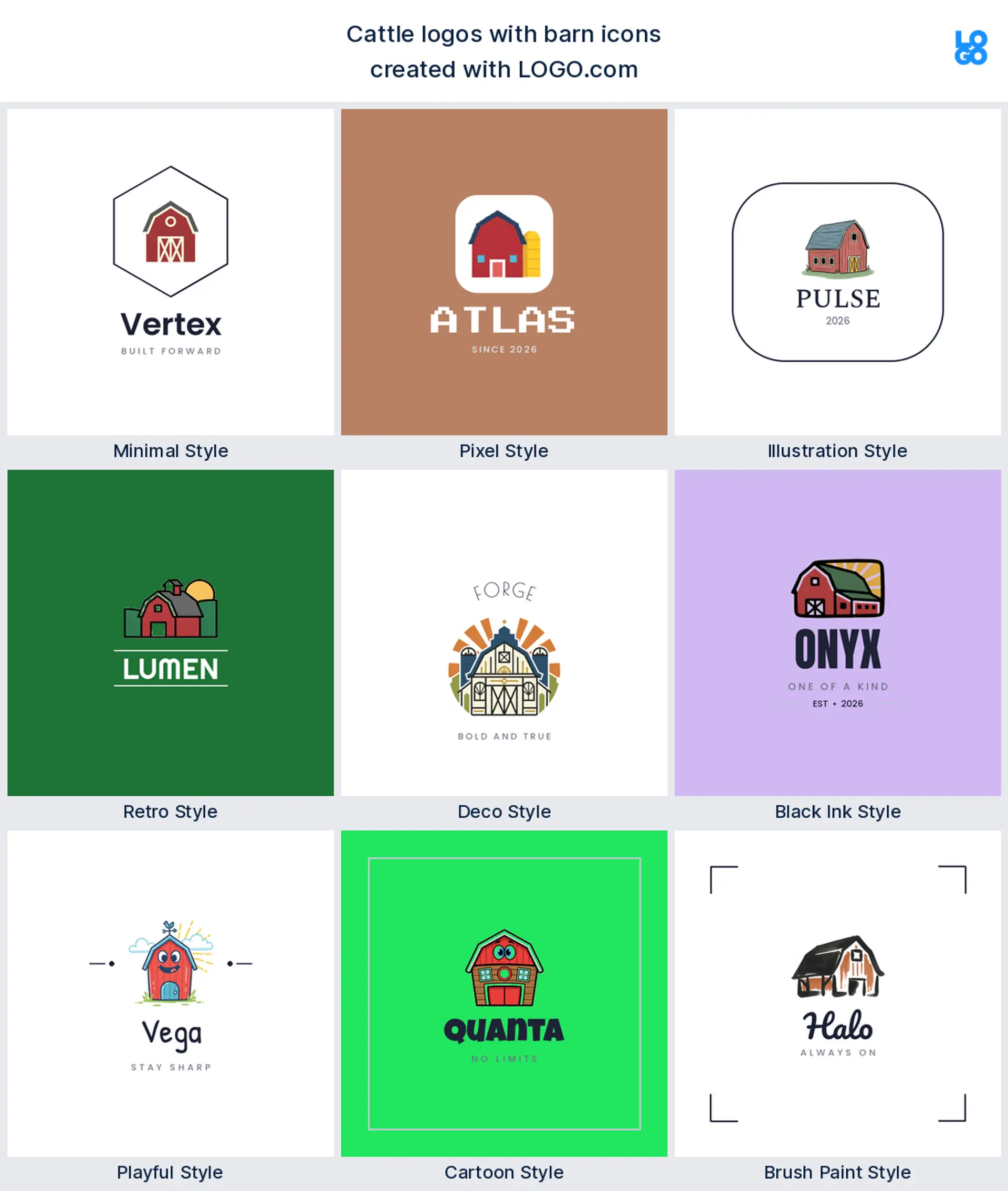 Barn cattle and ranch logo shown in nine LOGO.com styles