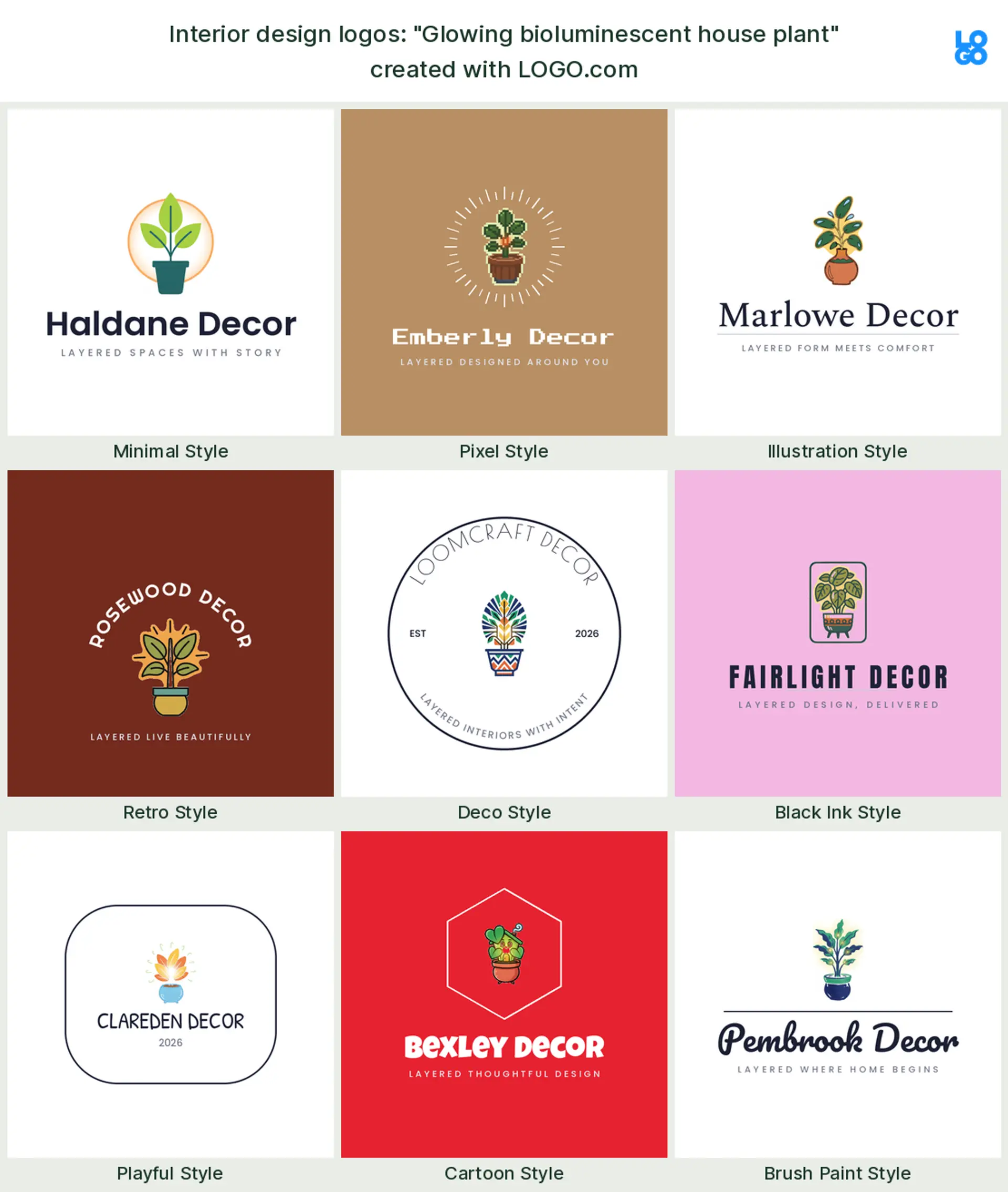 The "Glowing bioluminescent house plant" interior design logo idea, shown across nine styles on LOGO.com