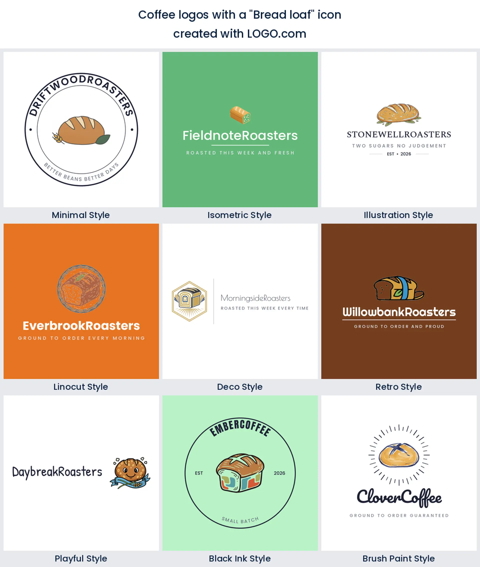 Bread loaf coffee logo shown in nine LOGO.com styles